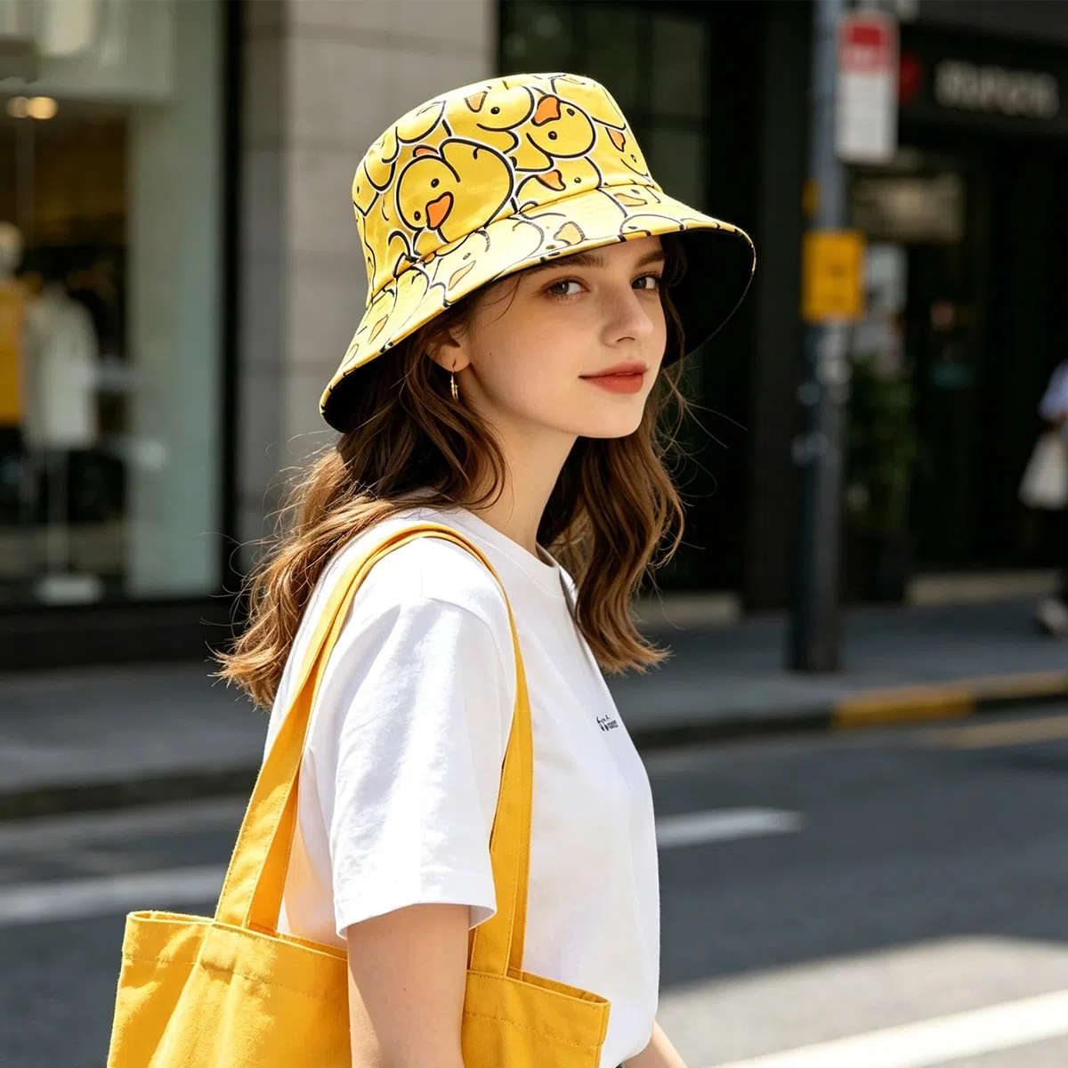 Bob Femme Réversible Motif Petit Canard Jaune, Bob Chapeau Pliable Été Unisexe, Chapeau Bob Femme Double Face pour Plage Voyage Festival Pêche Vacances Streetwear