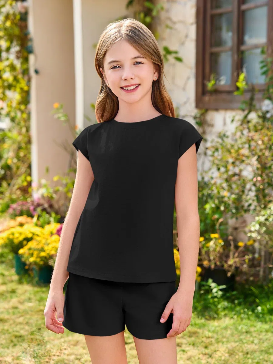 Haloumoning Ensemble de vêtements pour fille - T-shirt d'été décontracté à manches courtes avec short élastique - Couleur unie
