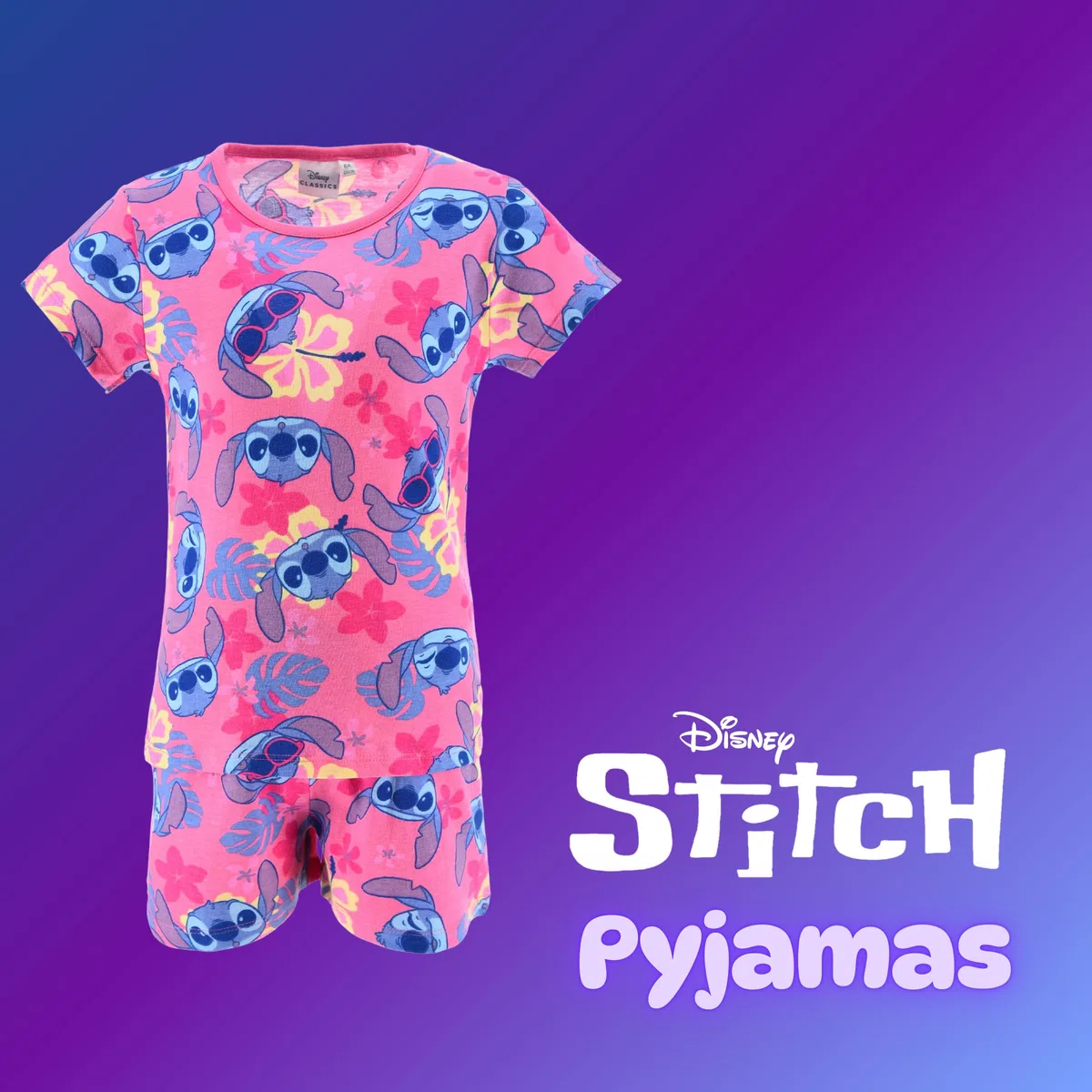 Disney Stitch Ensemble 2 Pièces pour Fille, Pyjama T-Shirt et Short à Imprimé Tropical, Tailles 3 à 8 Ans