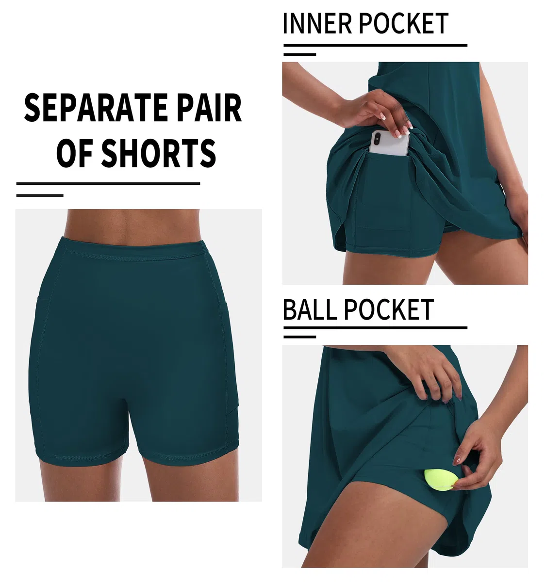 Robe de tennis pour femme, robe de tennis de golf avec short intégré et poches pour entraînement sans manches