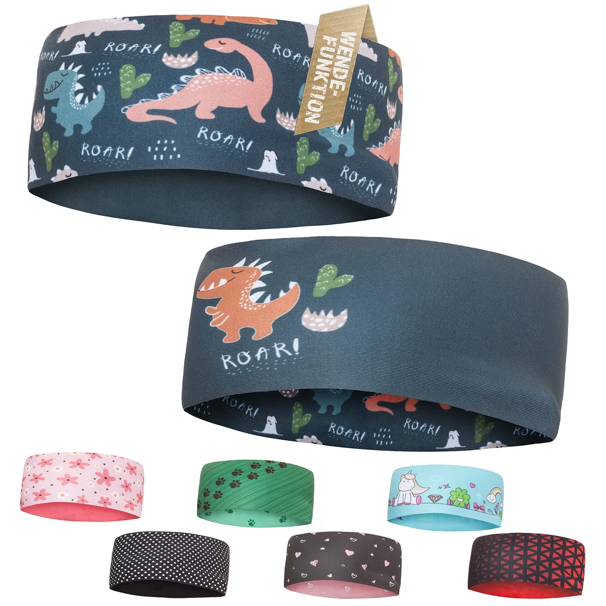 Bandeau enfant fin réversible, bandeau de sport ultra léger pour fille et garçon, élastique, respirant, idéal sous le casque, 2-8 ans (Bandeau Dino)