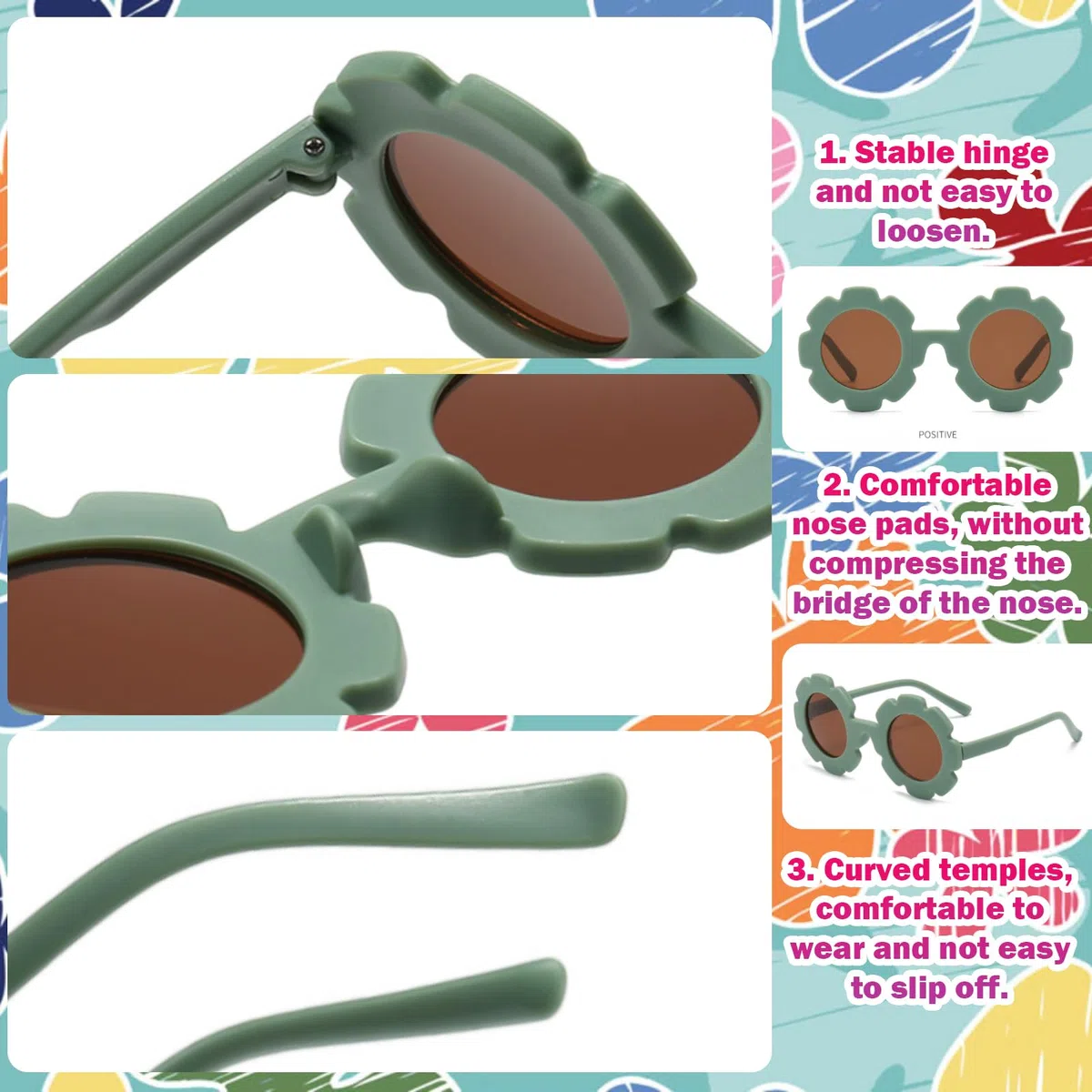 BDSHUNBF 8 Pcs Lunettes de Soleil Enfant, Lunette de Soleil Enfant, Lunette de Soleil Bébé, Lunettes de Soleil Bébé en Forme de Fleur, Designs Gais et Modernes, Des Paillettes et Des Couleurs Vives