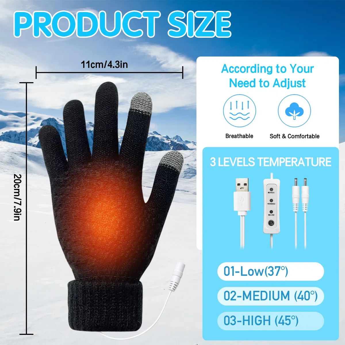 Gants chauffants USB pour Femmes Hommes Écran Tactile Plein Mains Gants Chauffants Hiver Chauffe-mains PC Chauffables Gants 3 Niveaux Contrôle De La Température Dames