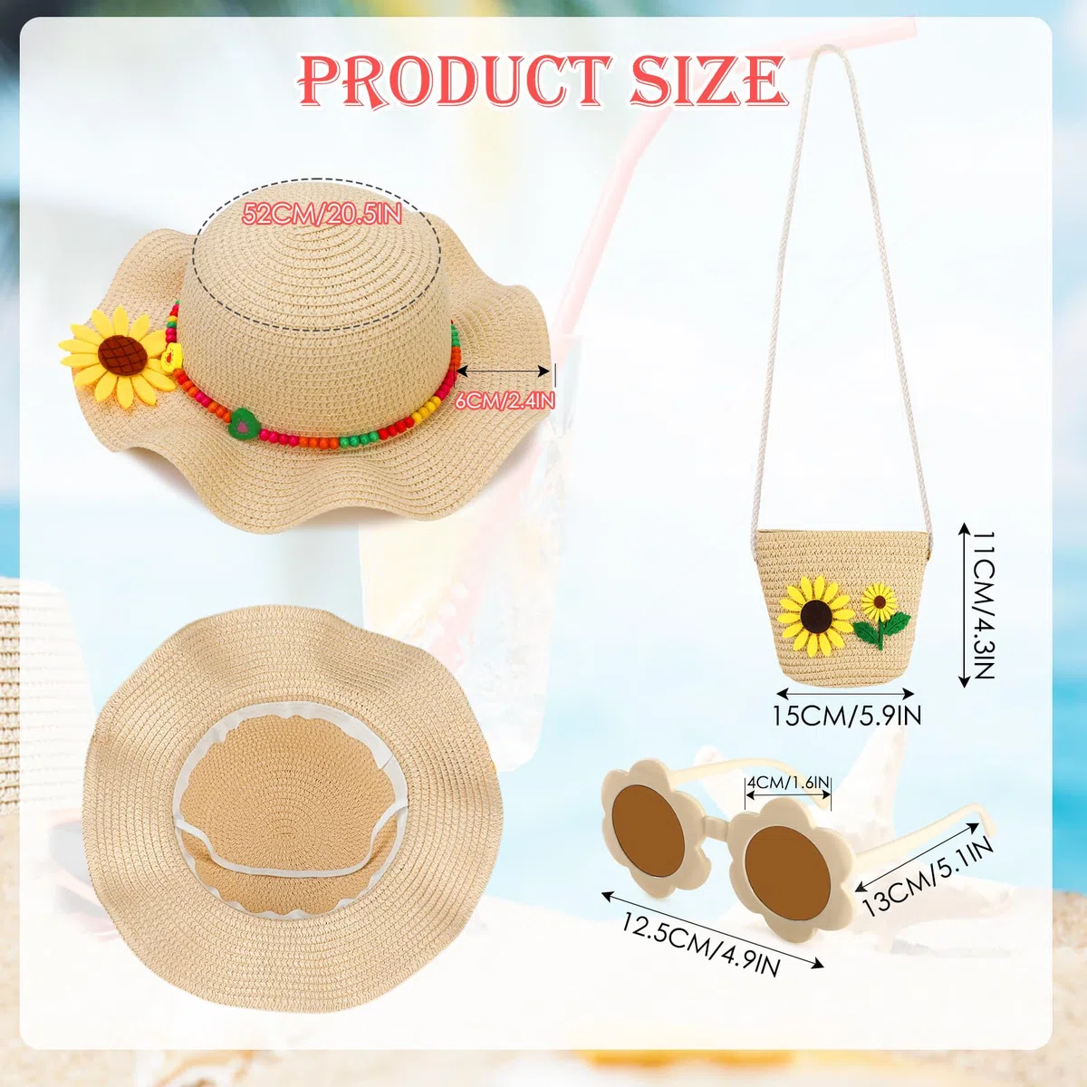 Chapeau de Paille et Petit Sac pour Filles, Ensemble de Chapeau de Soleil Décoré de Fleurs avec Lunette de Soleil Bijoux pour Enfants, Chapeau d'été à Larges Bords pour Les Voyages à la Plage