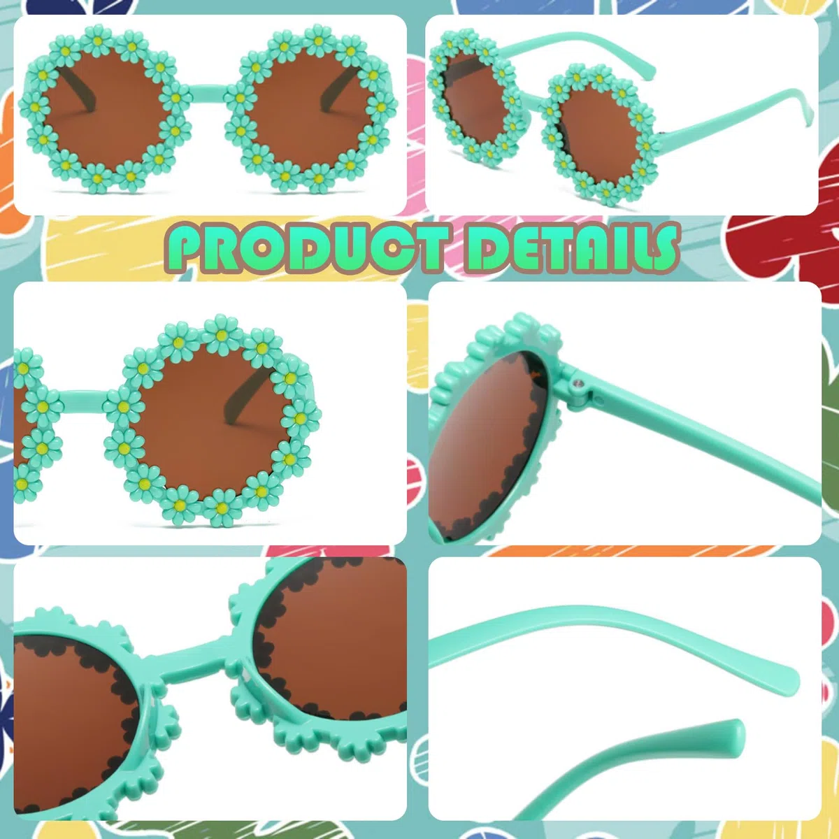 BDSHUNBF 8 Pcs Lunettes de Soleil Enfant, Lunette de Soleil Enfant, Lunette de Soleil Bébé, Lunettes de Soleil Bébé en Forme de Fleur, Designs Gais et Modernes, Des Paillettes et Des Couleurs Vives