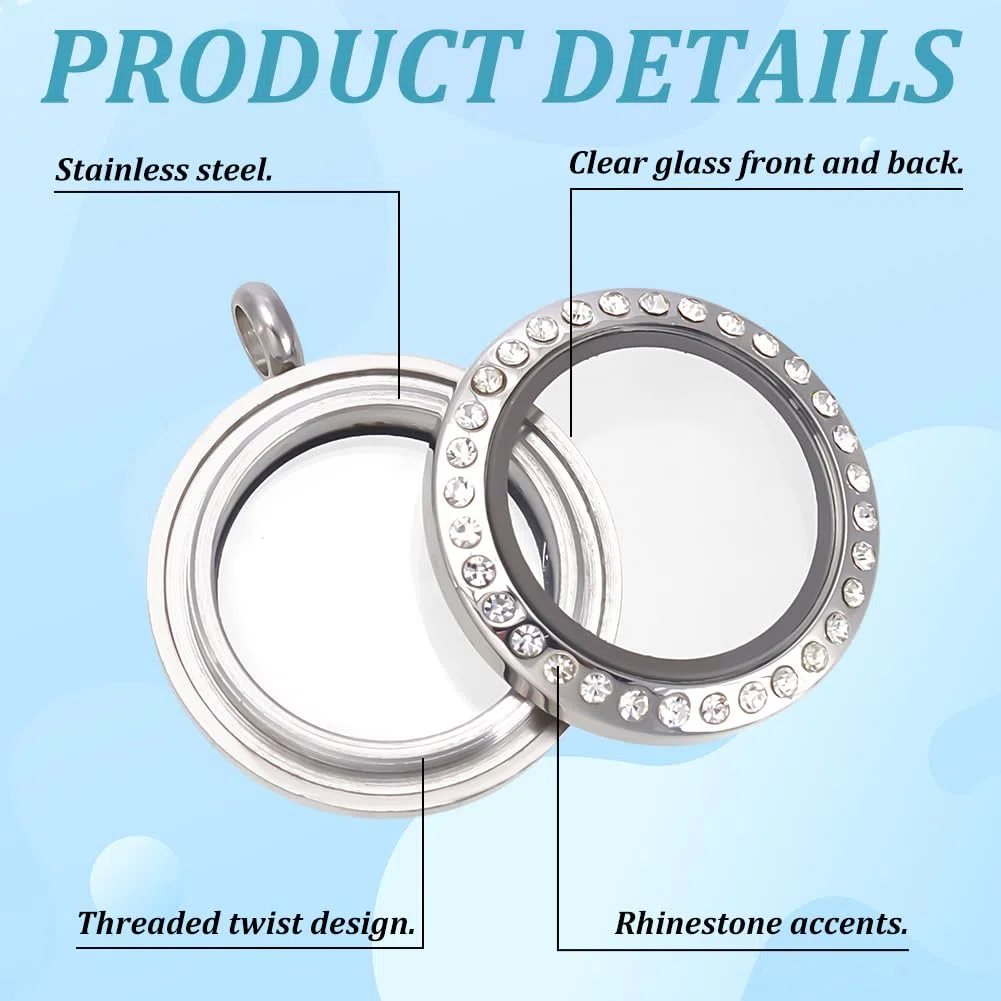 PLIGREAT 2 médaillon Flottant à Mémoire Vivante Pendentif Médaillon Rond en Acier Inoxydable de 25mm avec Strass et Cadre Photo Breloques pour Bricolage et Cadeaux