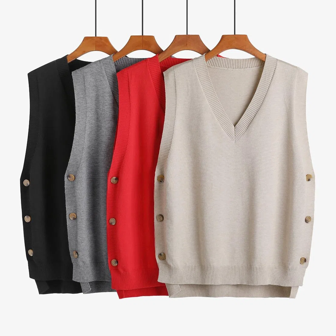 Minetom Pull sans Manche Femme Gilet en Tricot Automne Hiver Débardeurs Chandail Bureau Pullover Couleur Unie Boutons Tops Hauts