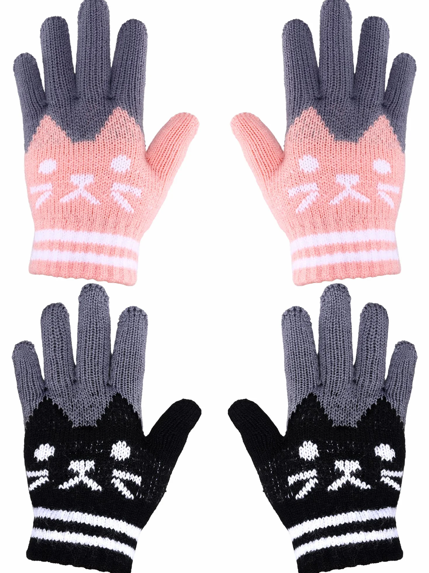 SATINIOR 2 Paires Gants d‘Hiver en Tricot Mitaines de Chat Mignonnes en Pleins Doigts pour Enfants 6-12 Ans, Noir et Rose
