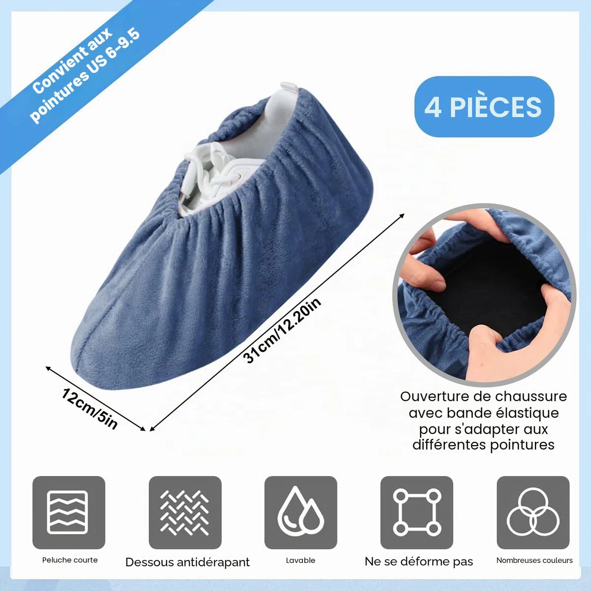 4 Pièces Surchaussures Lavable, Réutilisable Chausson Invité, Tissu de Flanelle Couvre Chaussure, Semelle Antidérapante Surchaussure, pour Maisons, Bureaux, Bibliothèques (Tailles 37-42)