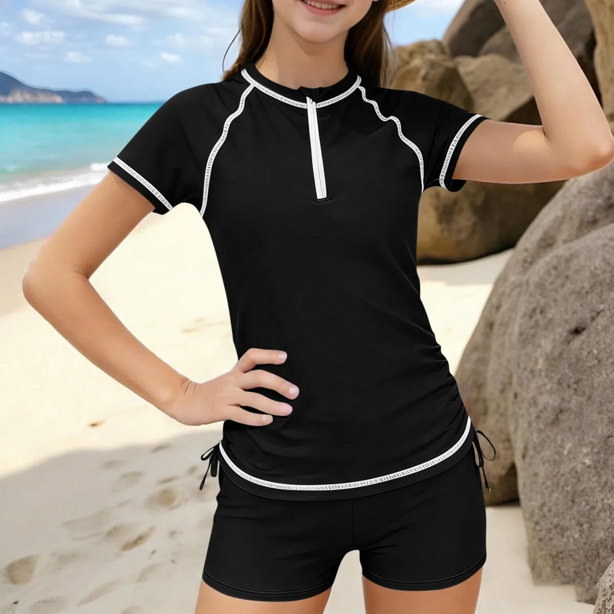 Maillot de bain deux pièces pour grandes filles UPF 50+ 7-16 ans, maillot de bain à manches courtes rashguard avec short de bain d'été