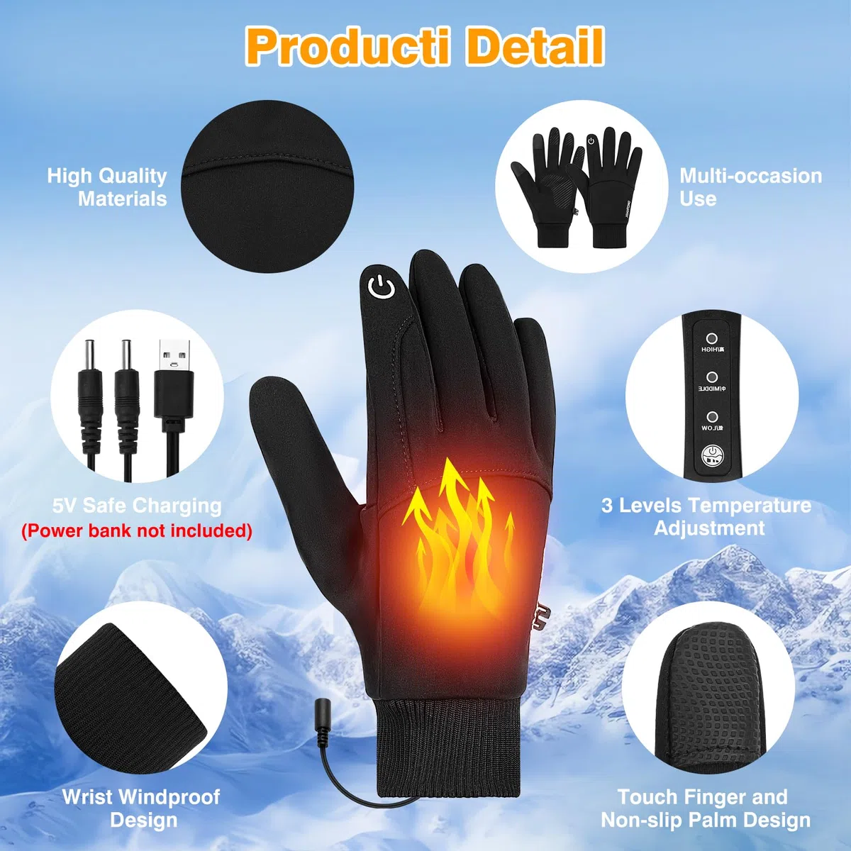 Gants Chauffants USB Électriques Gant Chauffant Fin Velo, Écran Tactile Antidérapant Gants Chauffants avec 3 Niveaux de Chaleur, Doublure Thermique, Manchette Élastique, pour Courir, Marcher, Conduire