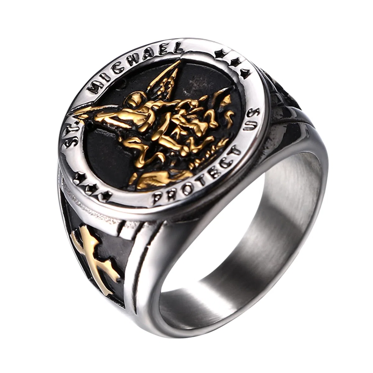 JewelryWe Bague Homme Chevalière Saint-Michel: Bague Chevalière Acier Inoxydable avec Insigne Religieux de Saint-Michel Style Biker Motard Amulette - Cadeau Anniveraire Fête des Pères