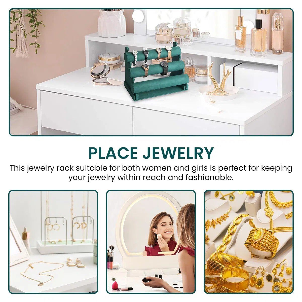 Présentoir à bracelets en velours à 3 étages amovible, présentoir à bijoux pour femme et fille, porte-bijoux en velours, porte-bijoux pour bracelet, collier et montre (vert)