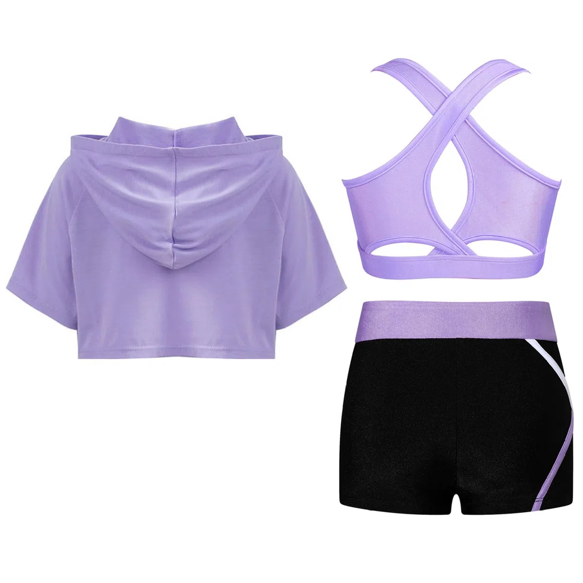 Ensemble Sport Fille Survêtement 3Pcs Fitness Yoga Crop Top Court à Capuche avec Débardeur Short de Sport Gym