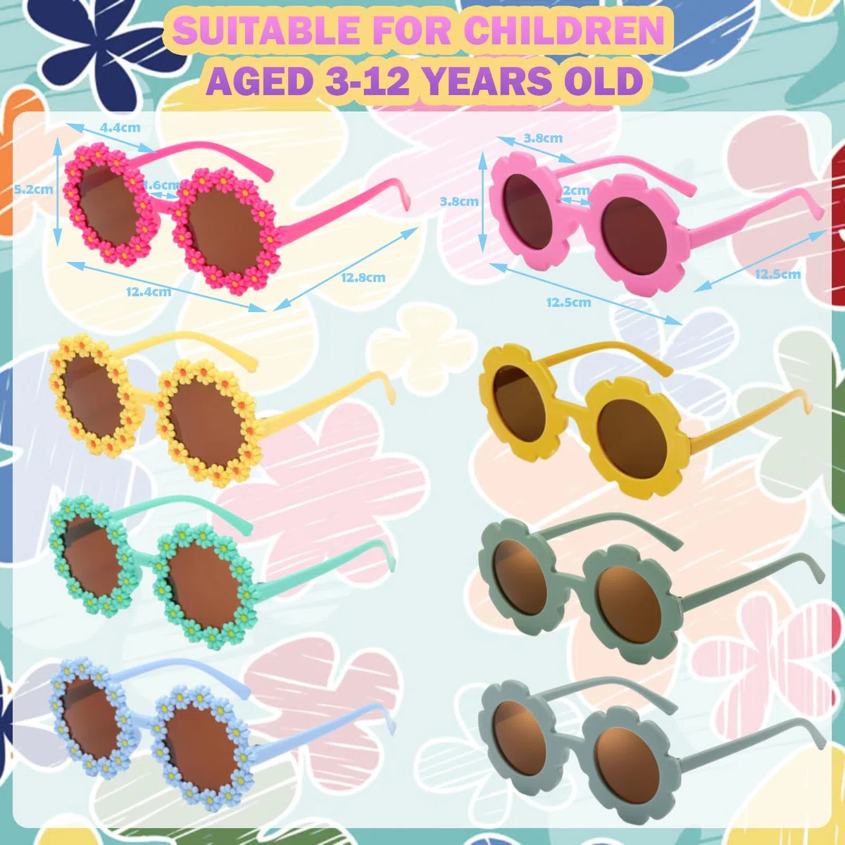 BDSHUNBF 8 Pcs Lunettes de Soleil Enfant, Lunette de Soleil Enfant, Lunette de Soleil Bébé, Lunettes de Soleil Bébé en Forme de Fleur, Designs Gais et Modernes, Des Paillettes et Des Couleurs Vives