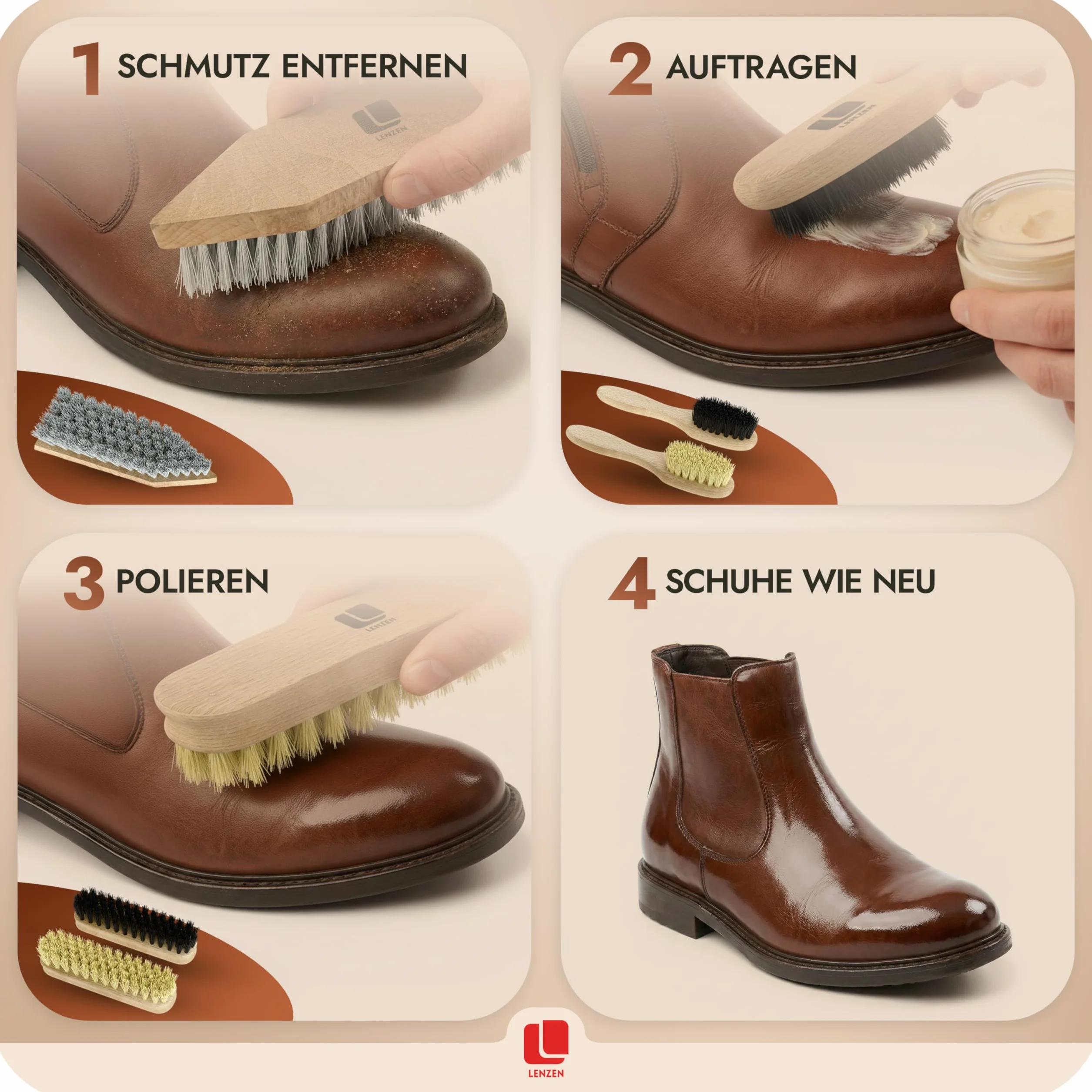 Set de Brosses à Chaussures I Kit de 5 Pièces: 2 Brosses de Polissage, 2 Brosses pour Appliquer le Cirage, 1 Brosse Dure pour le Nettoyage