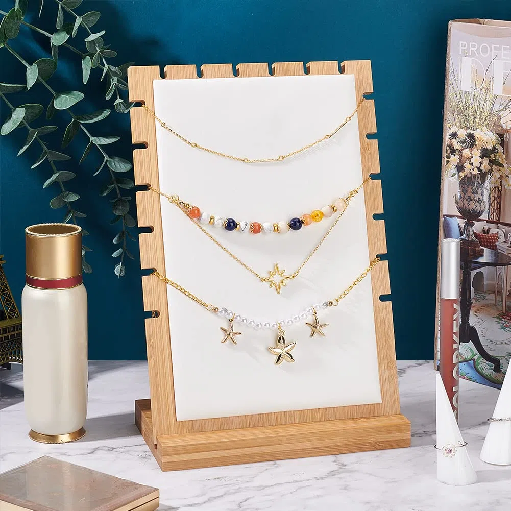 PandaHall Présentoirs de Collier en Bois 9 fentes Présentoir à Bijoux Organisateur de Collier Porte-colliers avec Cuir Souple pour L'été la Vente au Détail de Bijoux Neckalce Vente Maison, 9.5x17x25cm