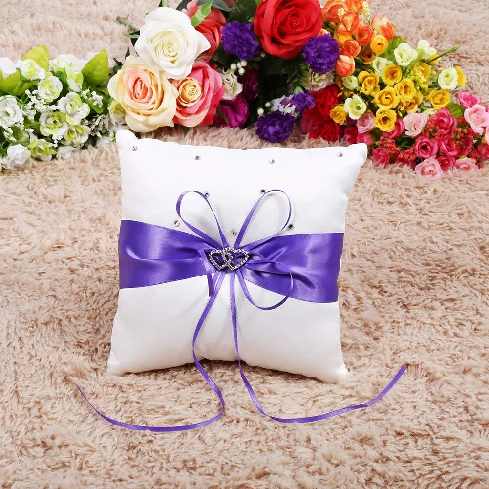 Bague de mariée au Porteur Coussin Double Coeur Bague de Mariage boîte Accessoires de Mariage Fournitures de décoration(Mauve)