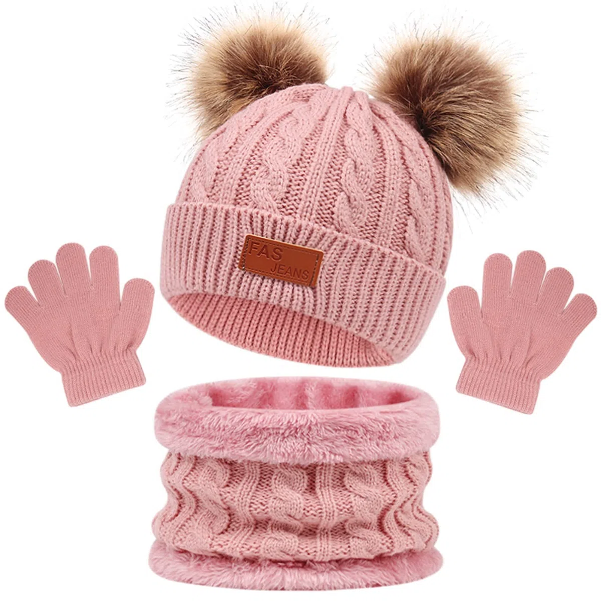 Enwokran Enfant Hiver Bonnet Echarpe Gants Ensemble, 3PCS Polaire Snood Bonnet Chapeau avec Pom Détachable Tricoté Tour de Cou Chaud avec Doublure Gants pour Fille Garçon 2-6 ans