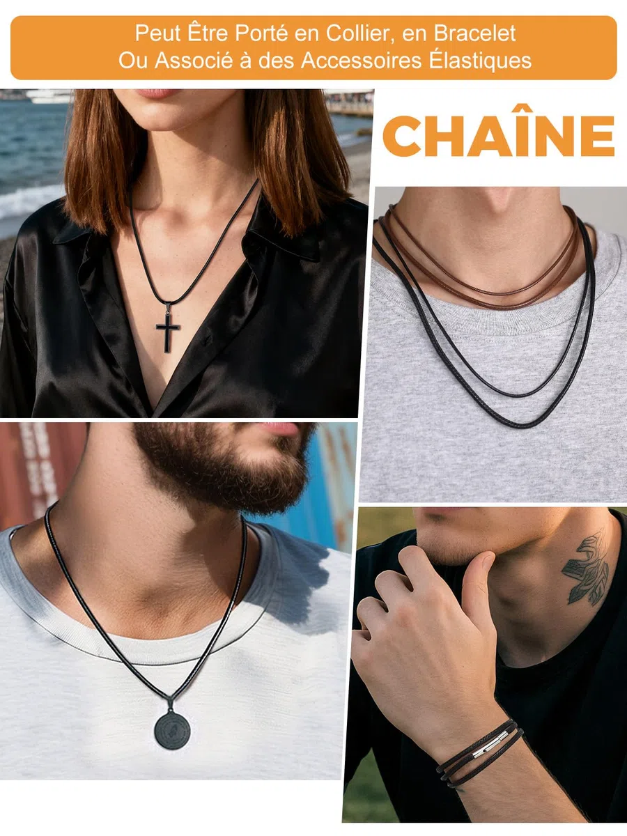 Richsteel Collier en Cuir Noir Artificiel Tressé pour Hommes et Femmes-2mm/3mm Cordon pour Pendentif 40/46/50/56/61/66/71/76 cm-Bijoux Personnalisable Prénom Unisex Fantaisie