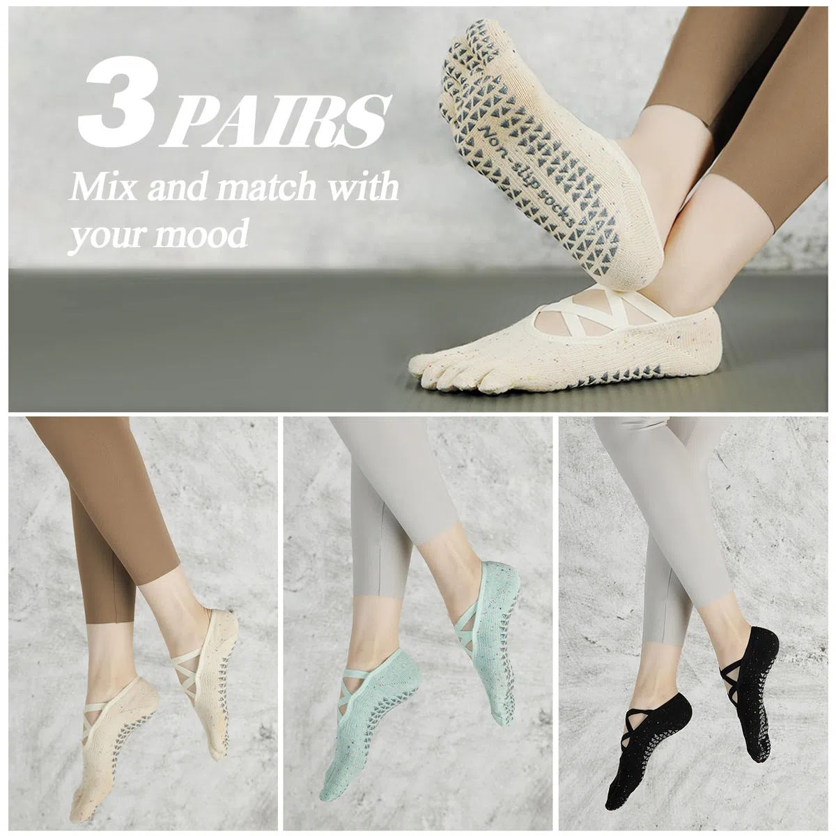 Lot de 3 paires de chaussettes de yoga antidérapantes pour femme avec poignées et sangles antidérapantes