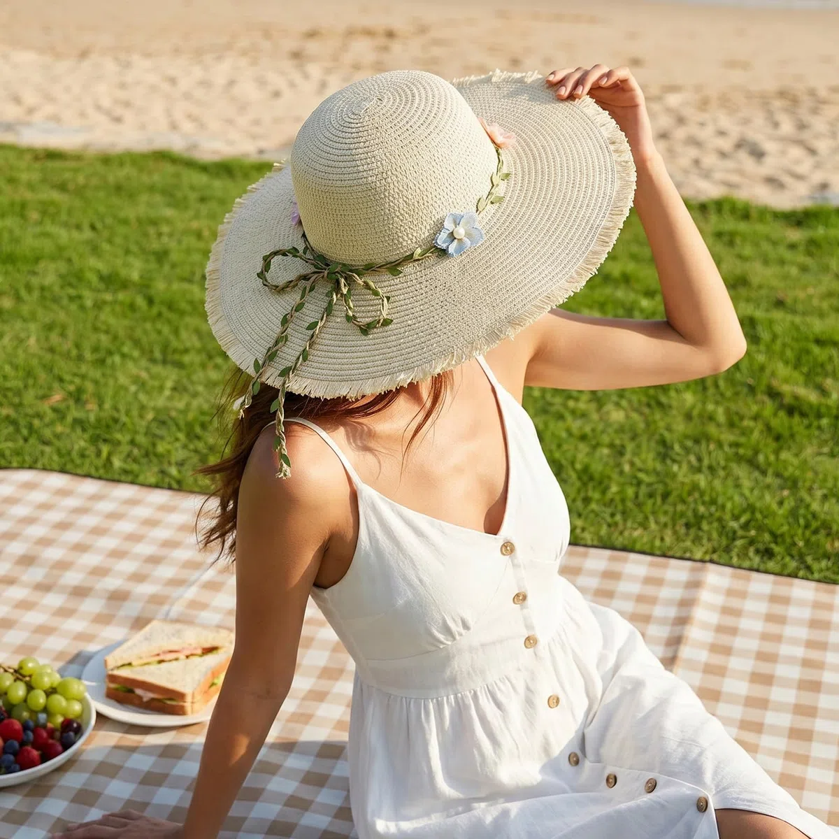 Chapeau de Soleil en Paille pour Femme, Large Bord UPF 50+, Chapeau de Plage été Pliable et Roulable pour Voyager