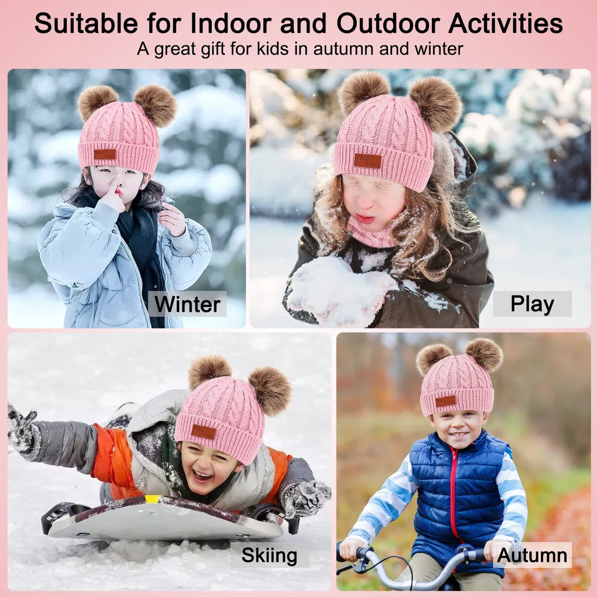 Enwokran Enfant Hiver Bonnet Echarpe Gants Ensemble, 3PCS Polaire Snood Bonnet Chapeau avec Pom Détachable Tricoté Tour de Cou Chaud avec Doublure Gants pour Fille Garçon 2-6 ans