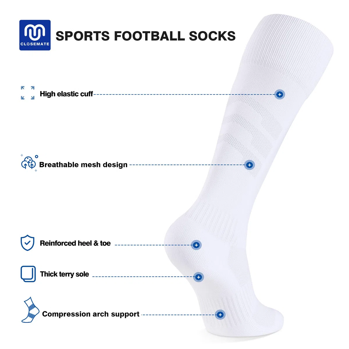 CLOSEMATE 2 Paires Chaussettes Foot Antidérapantes Hautes Longues 39-42 43-46 47-50 pour Hommes Femmes Respirantes Confortables en Noir Blanc Bleu