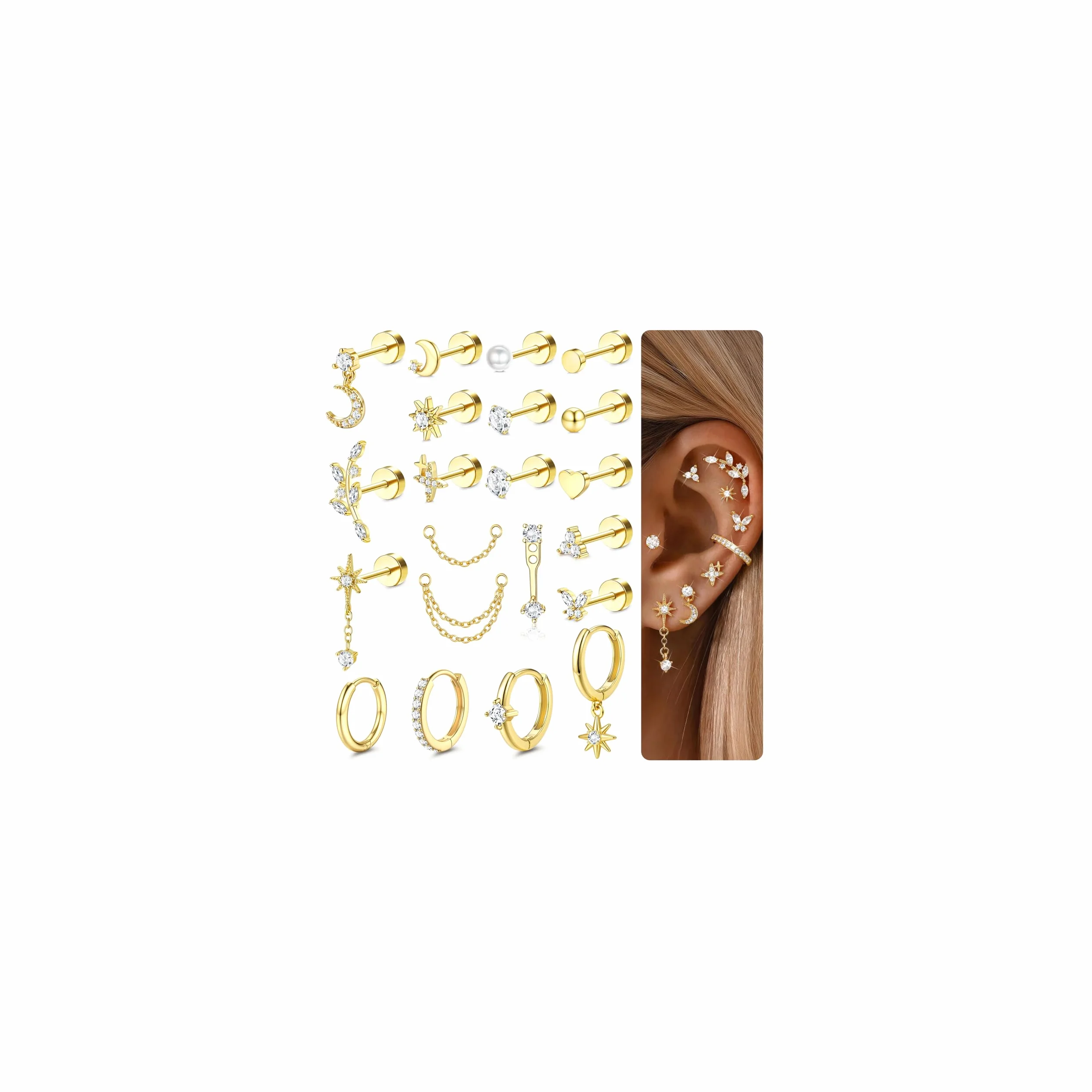 CASSIECA 21Pcs Boucles d'Oreilles Femme Piercing Oreille Acier Inoxydable Boucles d'Oreilles Or Argent Piercing Helix Conch Tragus Daith Bijoux Femme