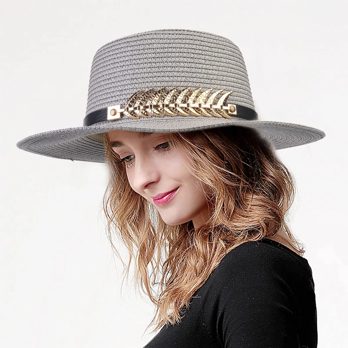 Femme Chapeau de Paille Panama Large Bord avec Boucle Capeline Eté Anniversaire Camping Plage