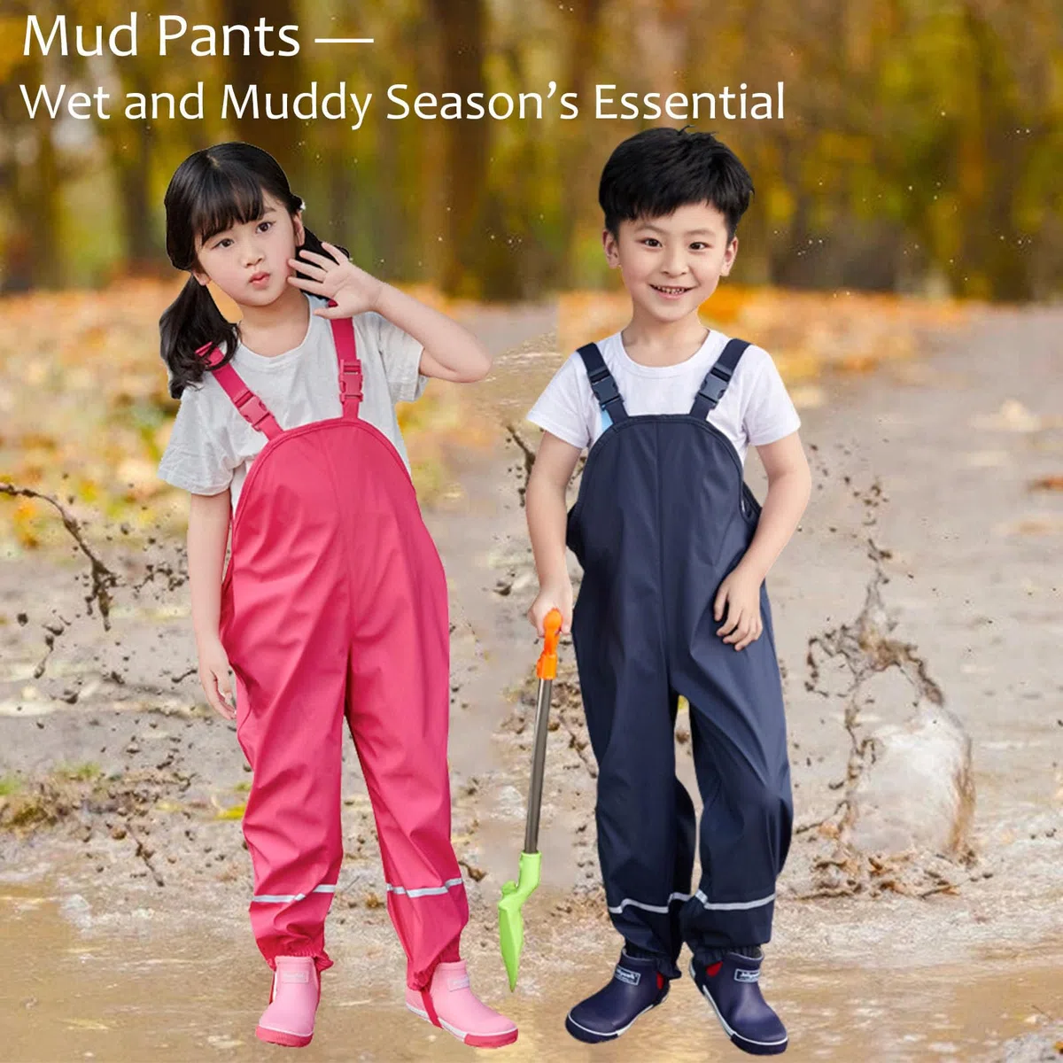 FANSU Pantalon de Pluie Enfant Imperméable Salopette, Pantalon de Pluie d'Extérieur avec Bretelles pour Garçons et Filles pour Jeux Boueux, Aventures en Bord de Mer