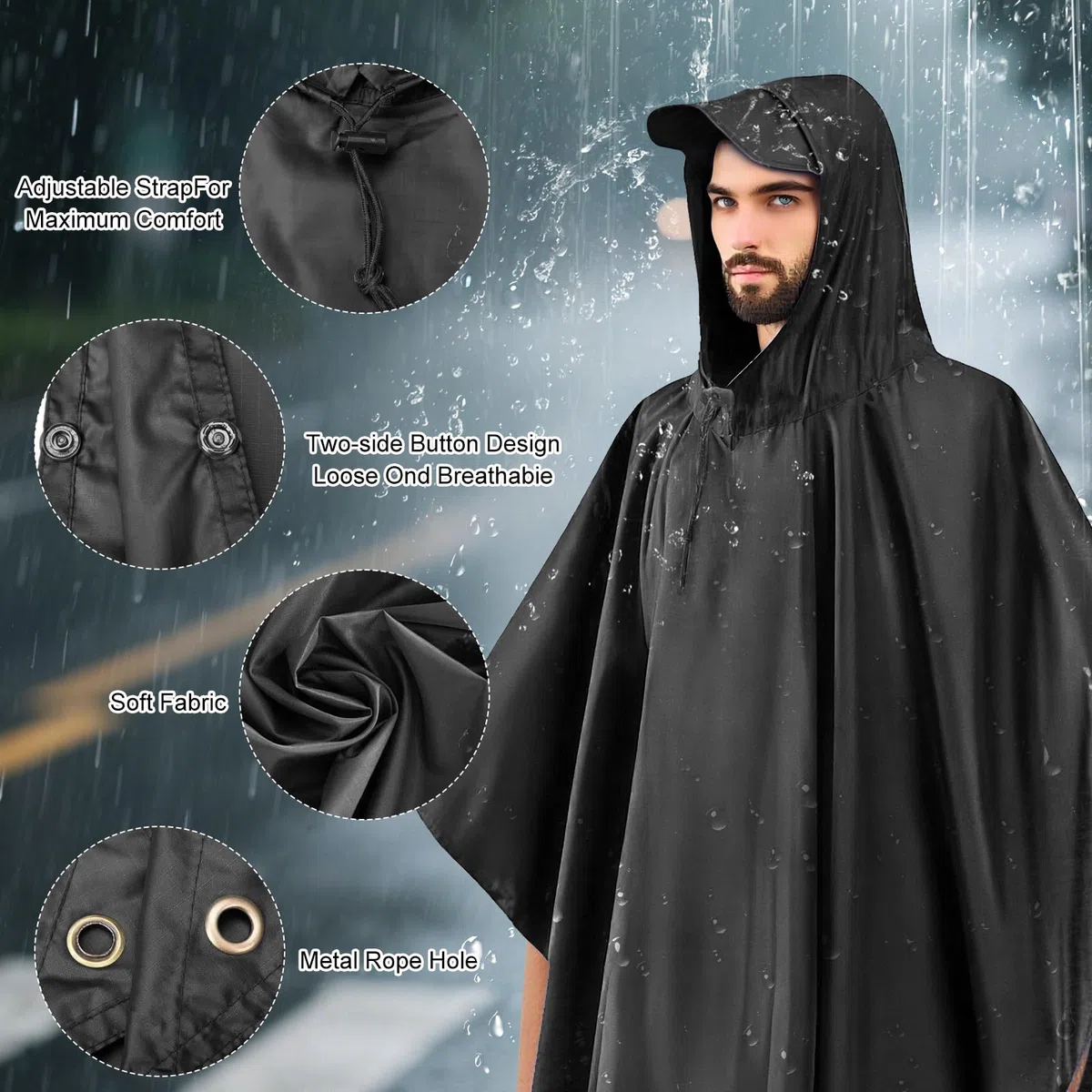 Cape de Pluie Femme, Poncho léger, réutilisable et Respirant avec Capuche, Cape de Pluie Multifonctionnelle 3 en 1 pour le Camping, la randonnée, le cyclisme et la pêche, unisexe （Noir）