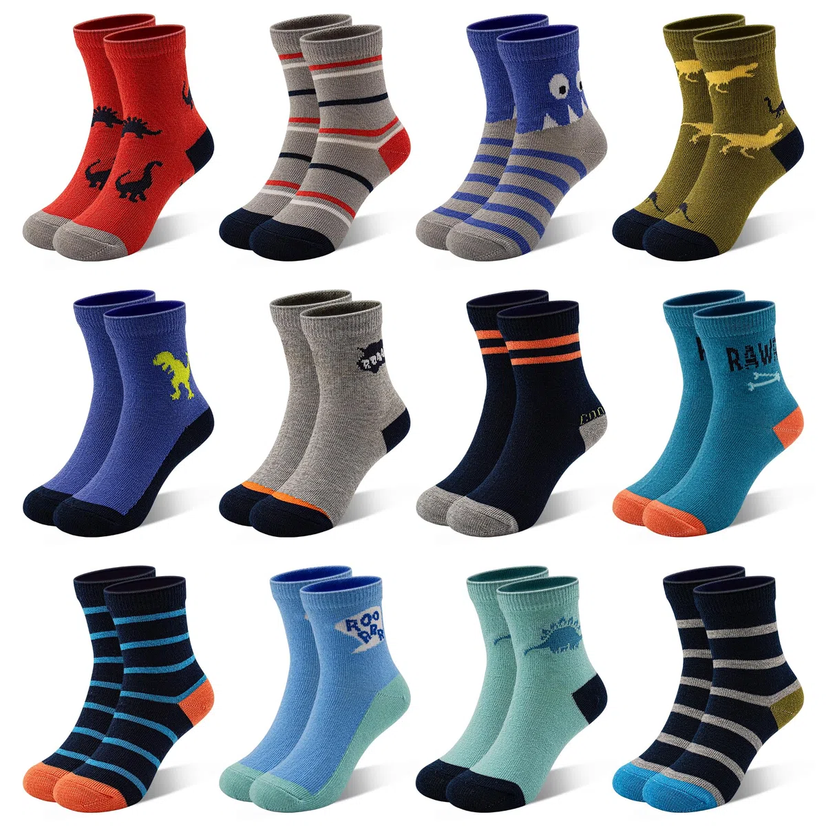Lot de 12 paires de chaussettes pour garçons Dinosaure douces et amusantes respirantes décontractées pour enfants