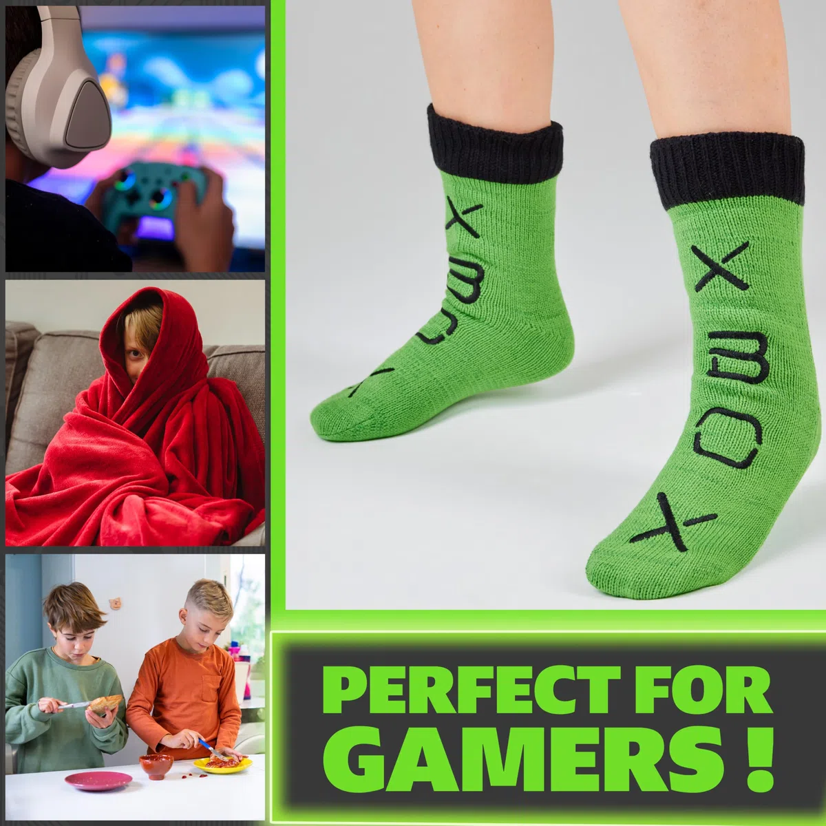 Xbox Chaussettes Chaussons Garçon Ado, Chaussettes Douces, Semelles Antidérapantes Intérieur Polaire Cadeau pour Gamer