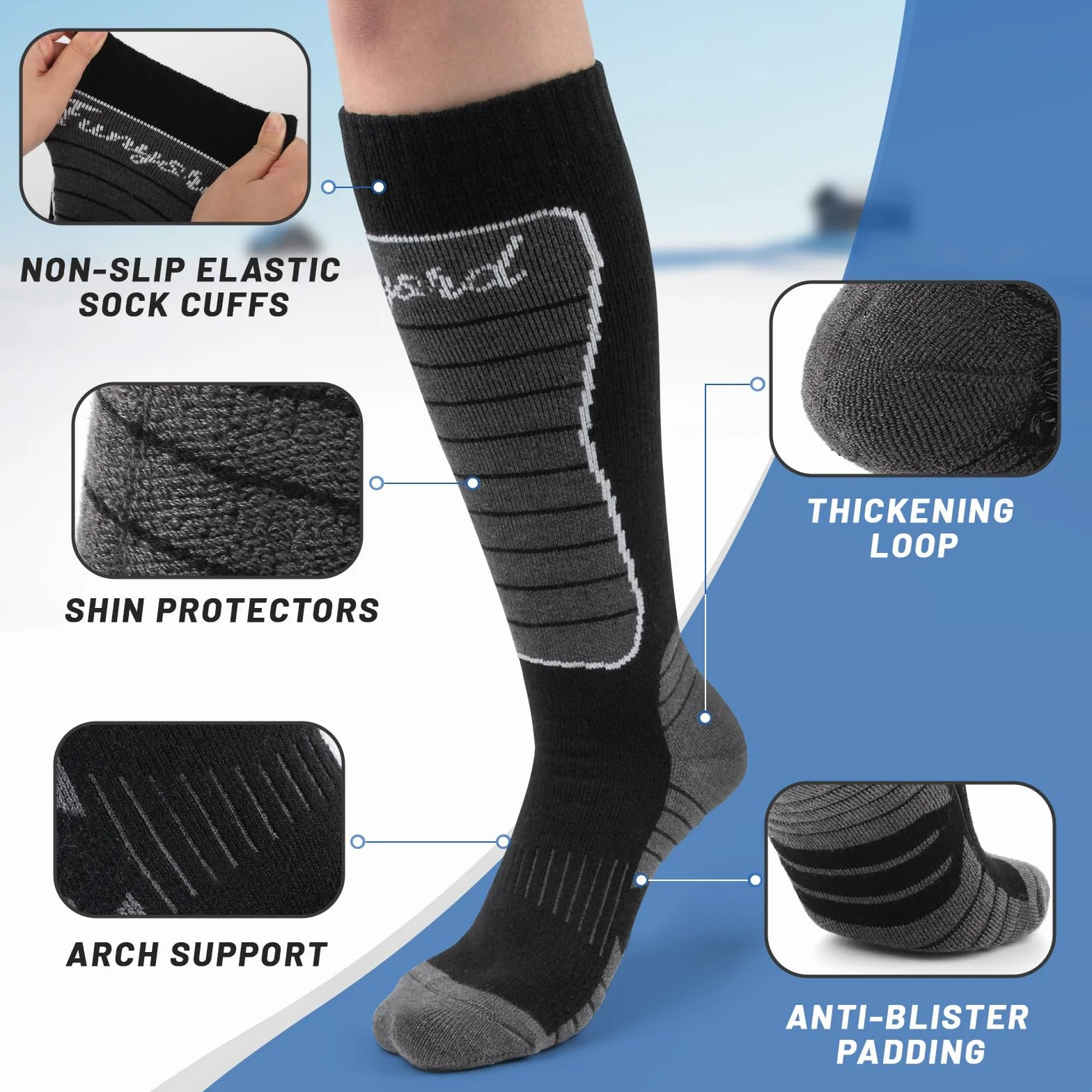 2 Paires Chaussette de Ski Laine Mérinos pour Hommes, Chaussettes Thermiques pour Ski, Randonnée, Cyclisme, Sport d'hiver