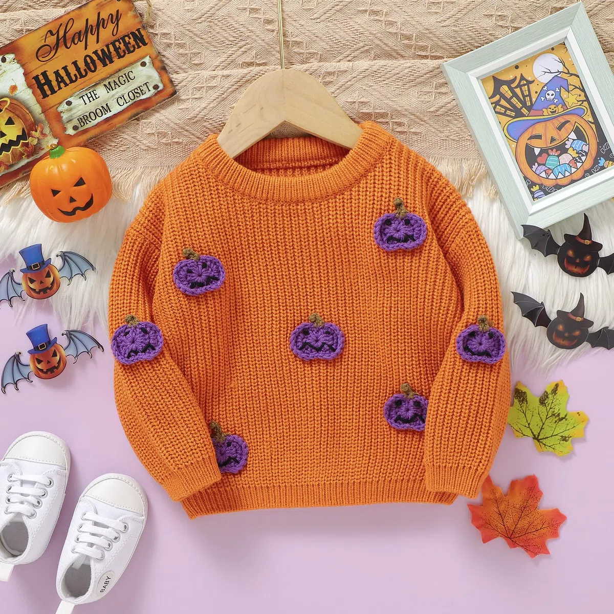 Pull unisexe pour bébé - À manches longues - Col rond - Citrouille - Lettre brodée - Pull en tricot - Pour bébé - Halloween - Fantôme citrouille