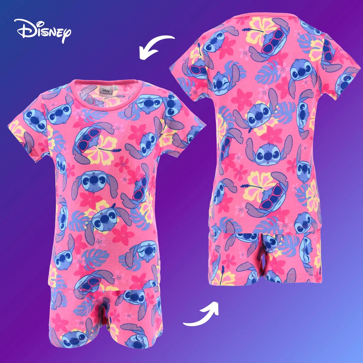 Disney Stitch Ensemble 2 Pièces pour Fille, Pyjama T-Shirt et Short à Imprimé Tropical, Tailles 3 à 8 Ans