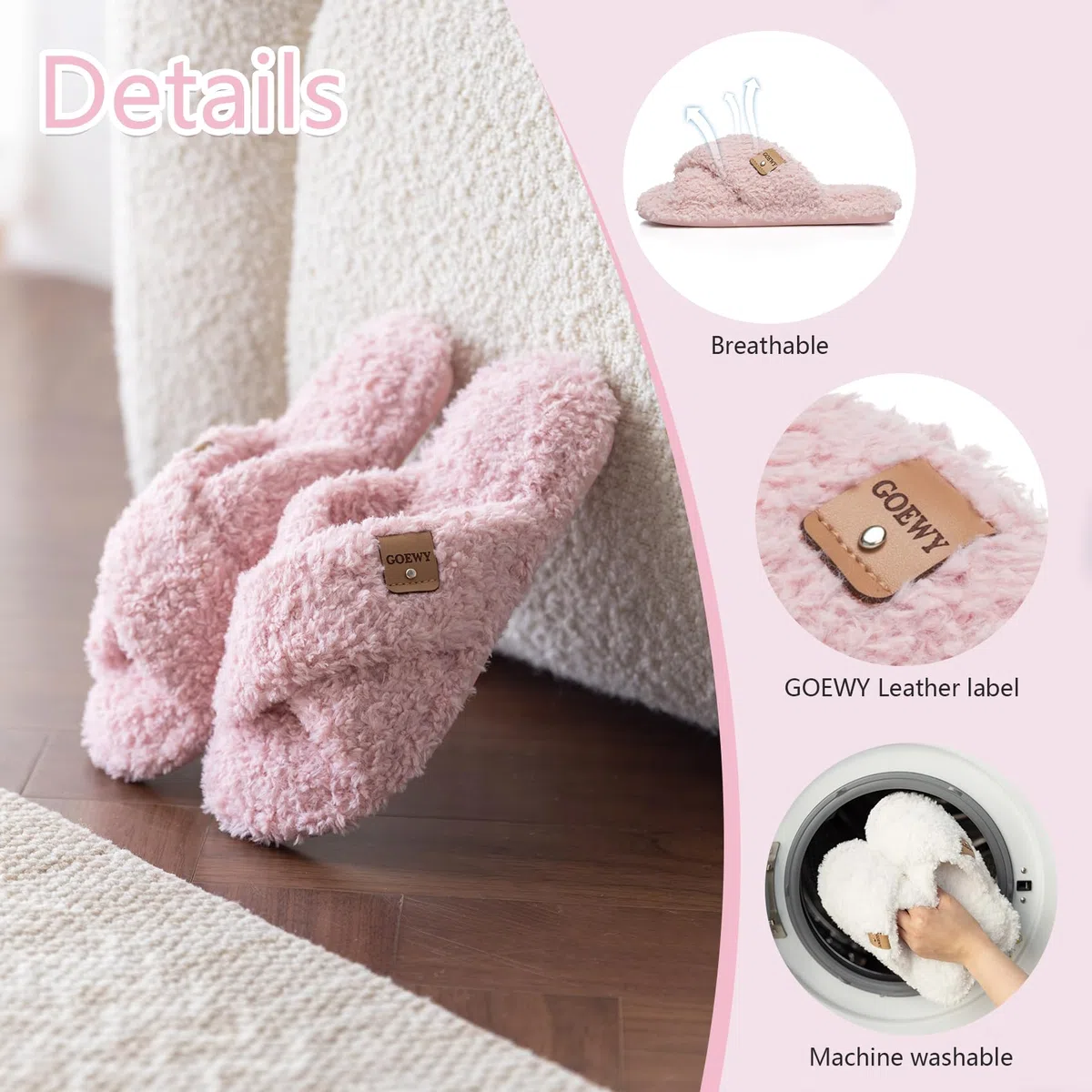 GOEWY Chaussons Femme en Peluche - Mousse à Mémoire de Forme, Pantoufles à Bride Croisée Bout Ouvert, Semelle Antidérapante - Confort & Tendance, Idée Cadeau