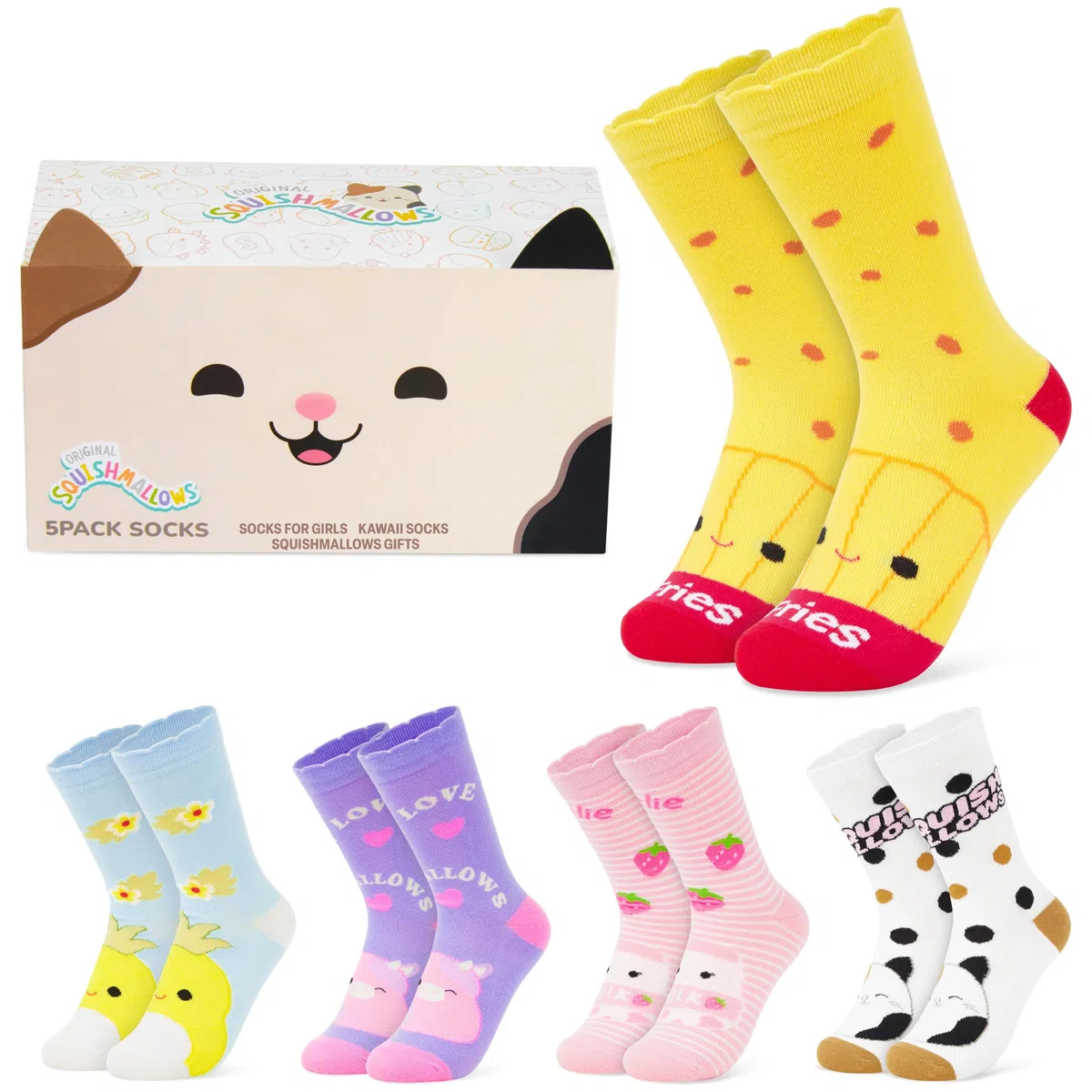 Squishmallows Chaussettes Fille et Ado, Lot de 5 Paires de Chaussettes Motif en Maille Douce et Respirante, Idée Cadeau Fille