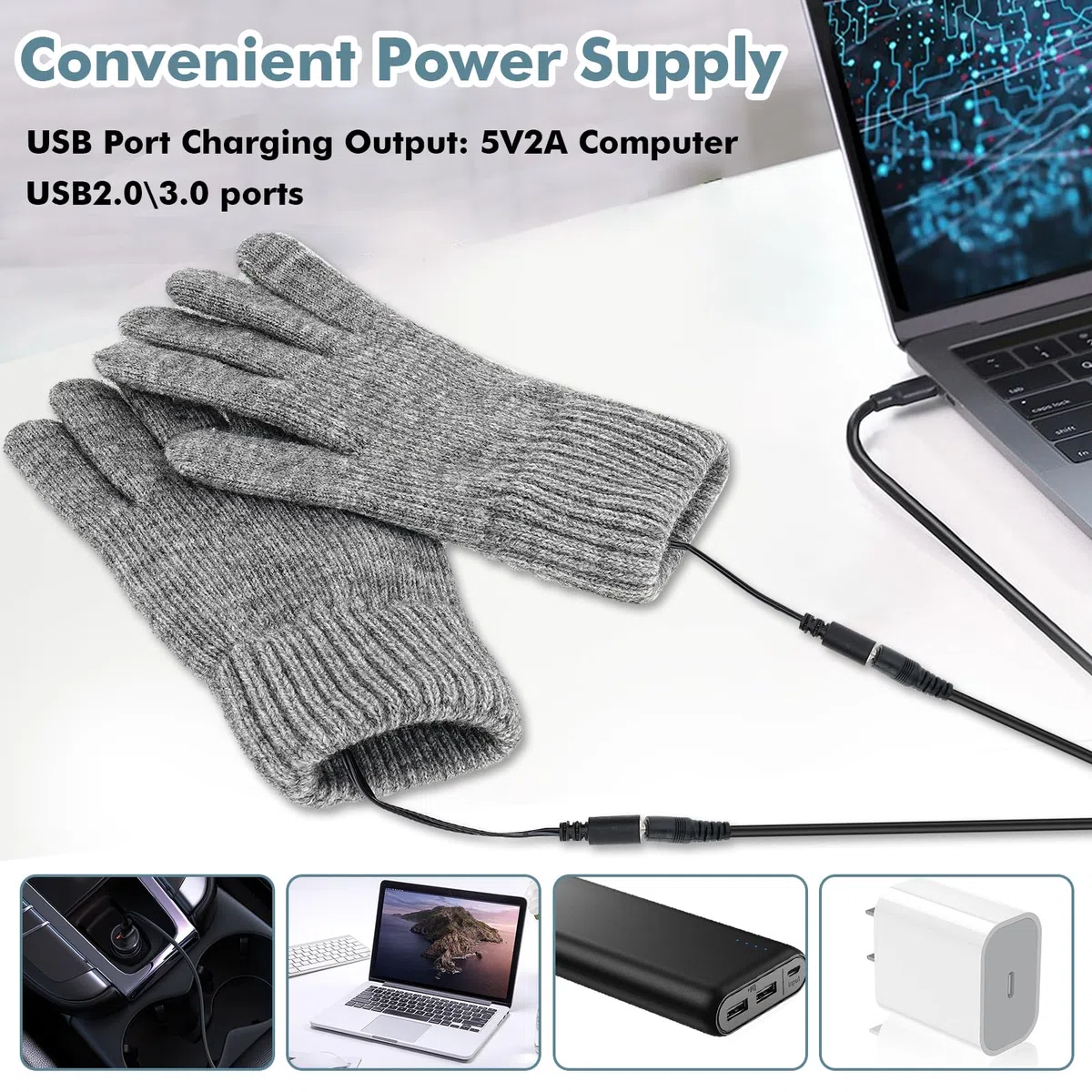 Gants Chauffants USB Avec 3 Niveaux de Température - Électriques Avec Ouverture du Pouce et de l'Index - Tricotés Pour Ordinateur Portable