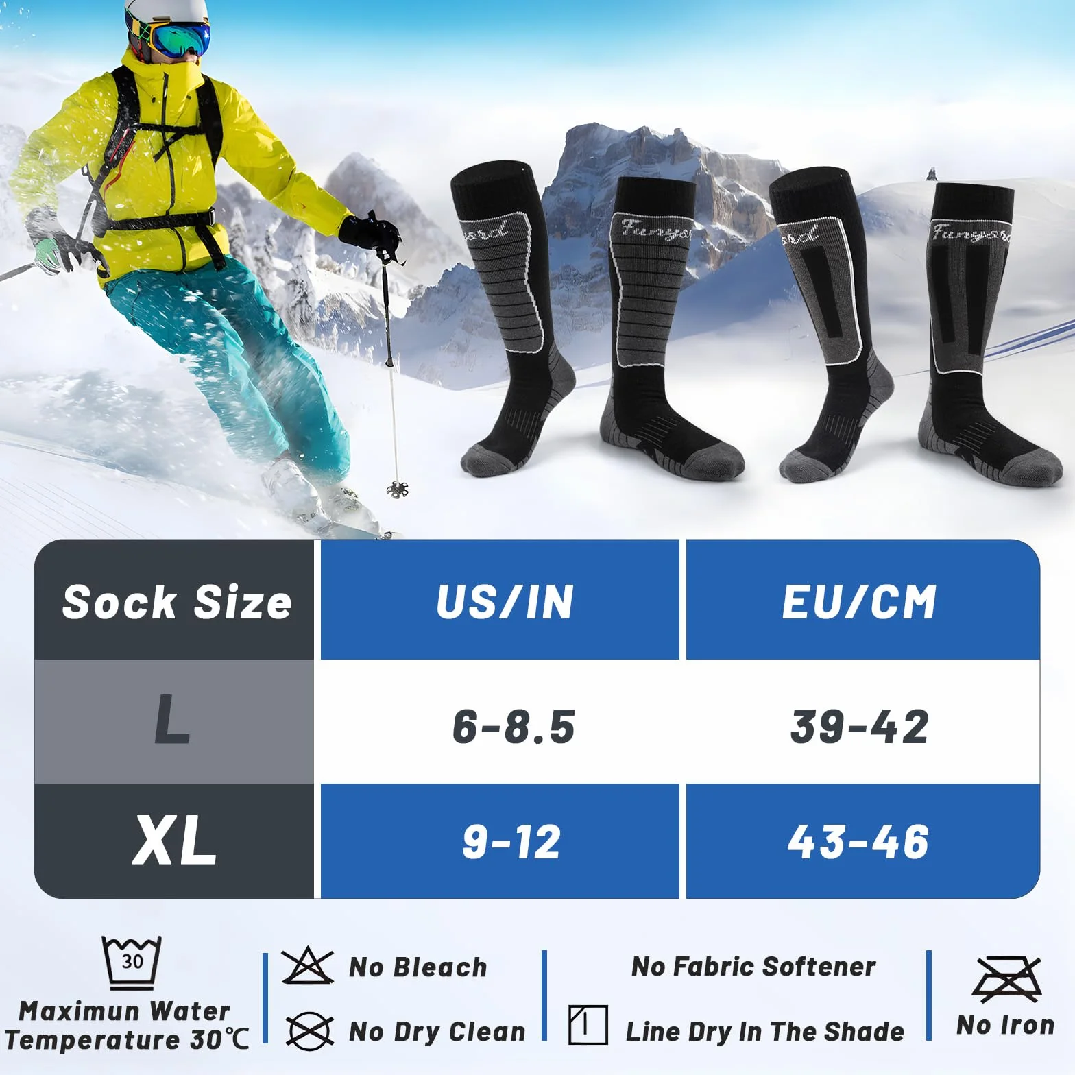 2 Paires Chaussette de Ski Laine Mérinos pour Hommes, Chaussettes Thermiques pour Ski, Randonnée, Cyclisme, Sport d'hiver
