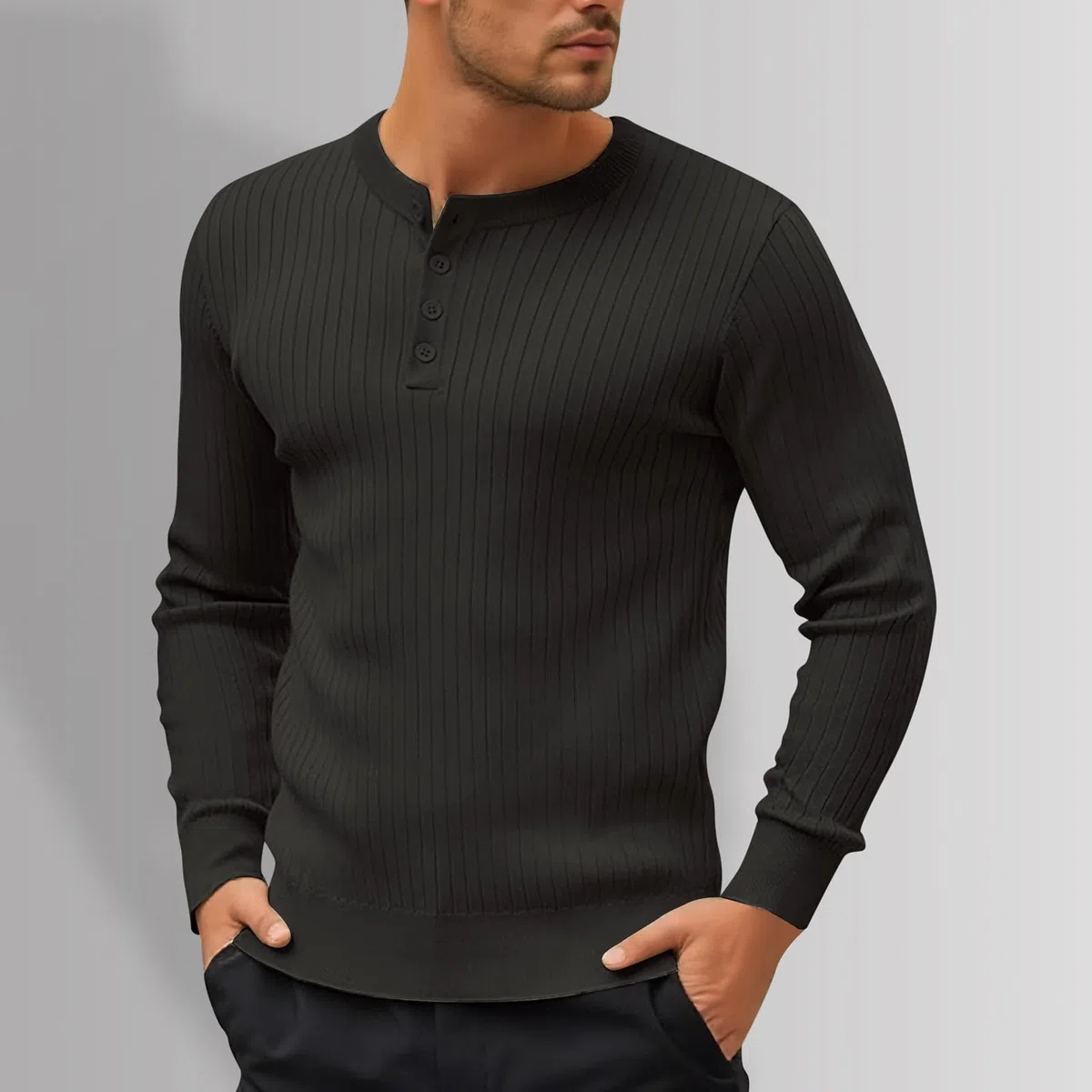 Pull 1/4 Boutons Col Rond Jersey pour Hommes Slim Fit, T-Shirt Thermique Manches Longues Haut Hiver Léger, sous-Vêtement de Détente Confortable, Polo Homme Coupe Ajustée pour Sport Running Travail