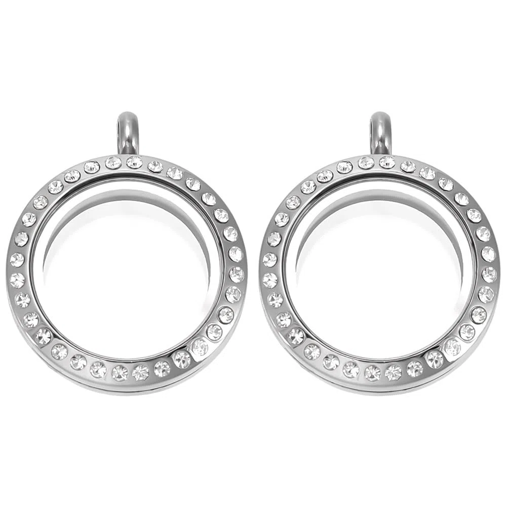 PLIGREAT 2 médaillon Flottant à Mémoire Vivante Pendentif Médaillon Rond en Acier Inoxydable de 25mm avec Strass et Cadre Photo Breloques pour Bricolage et Cadeaux