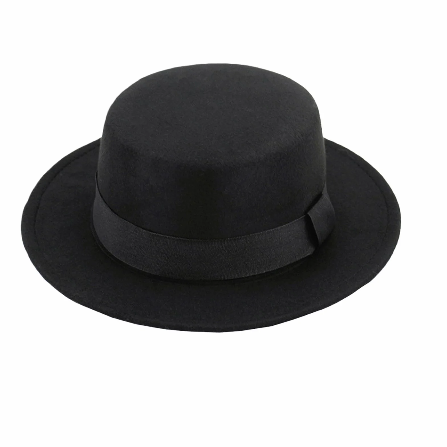 Chapeau Classique Noir Plat Bord Fedora Panama en Feutre - Église Derby à Tarte de Porc Jazz avec Ceinture pour Femmes Hommes