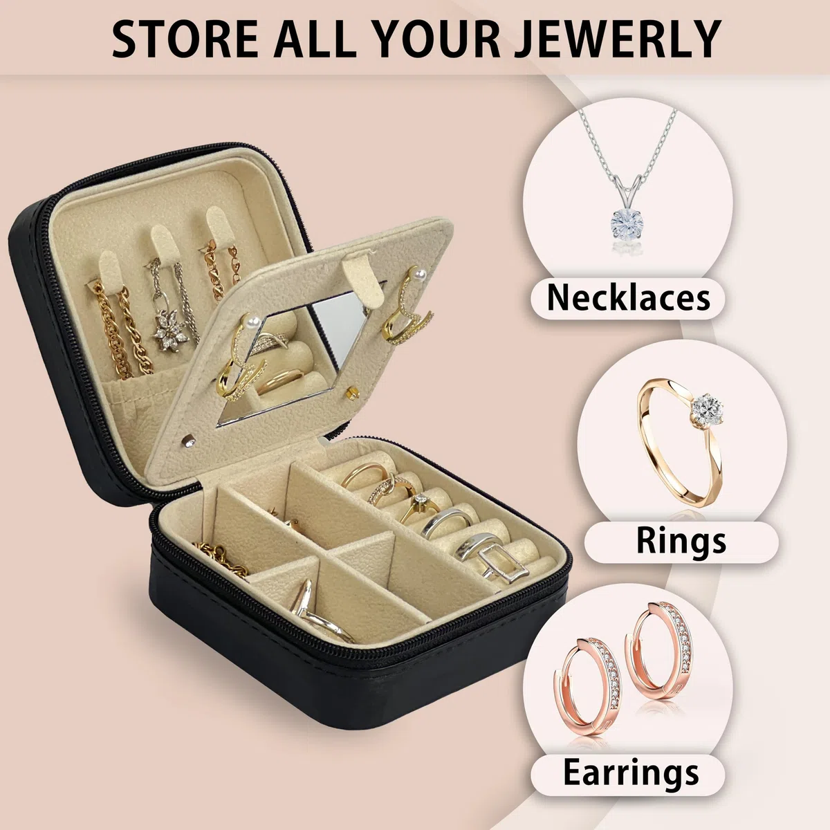 Coffret à Bijoux de Voyage avec Miroir - [ Idéal pour les Femmes ] - Boîte à Bijoux en Similicuir avec Fermeture Éclair - Organiseur de Bijoux - Noir