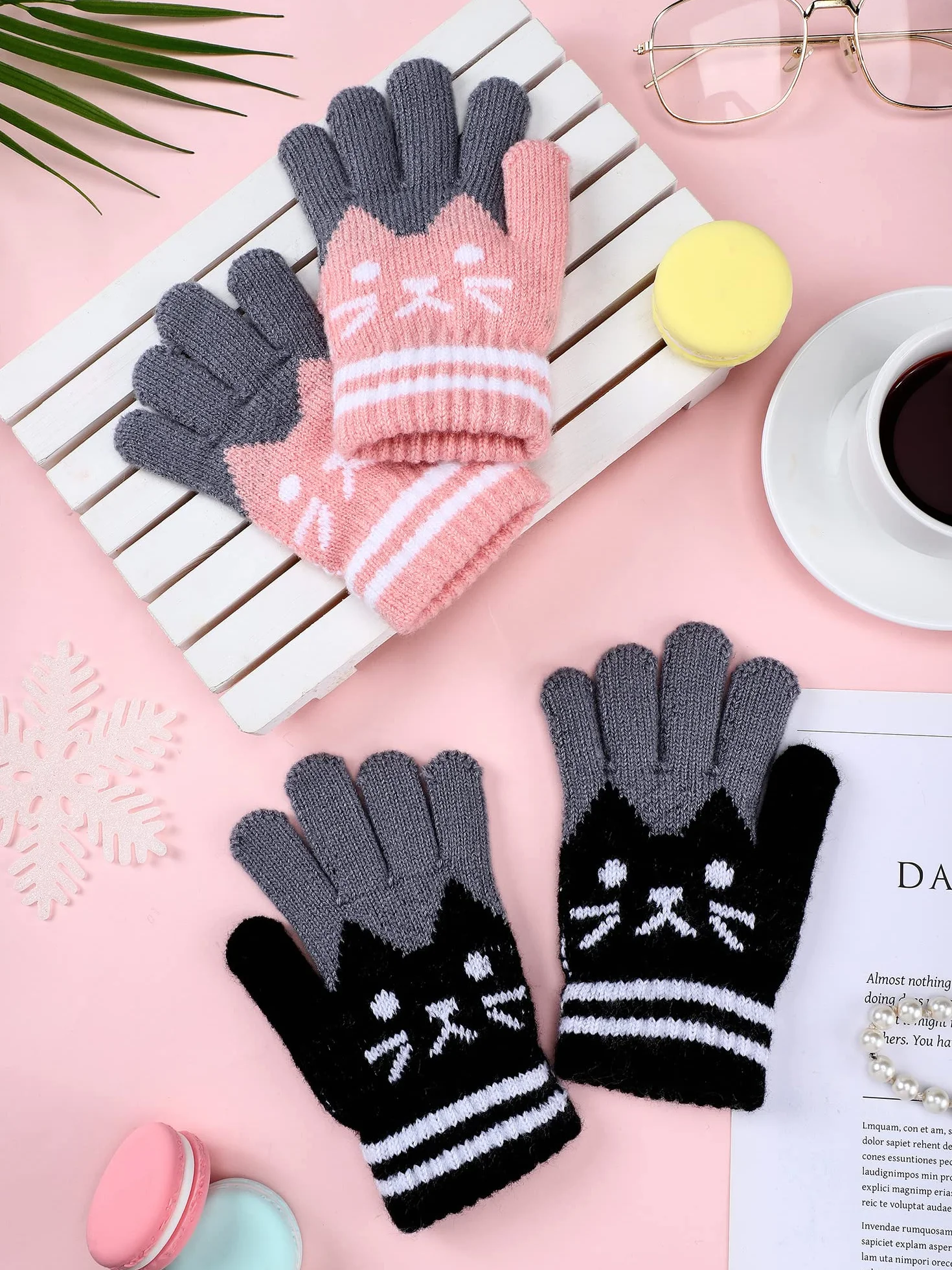 SATINIOR 2 Paires Gants d‘Hiver en Tricot Mitaines de Chat Mignonnes en Pleins Doigts pour Enfants 6-12 Ans, Noir et Rose