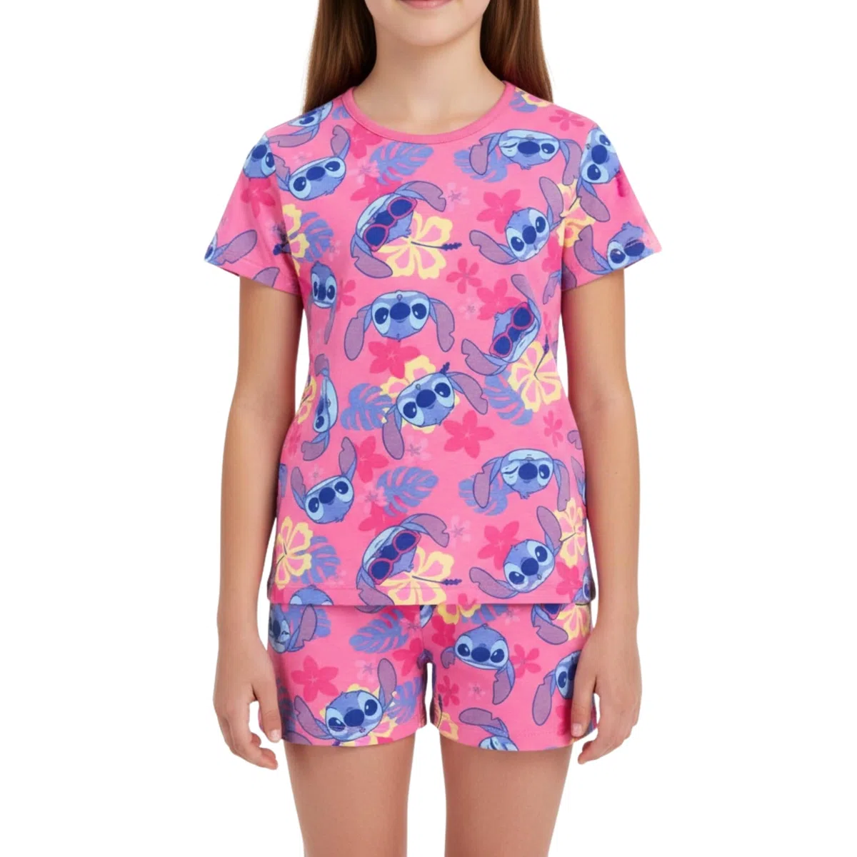 Disney Stitch Ensemble 2 Pièces pour Fille, Pyjama T-Shirt et Short à Imprimé Tropical, Tailles 3 à 8 Ans
