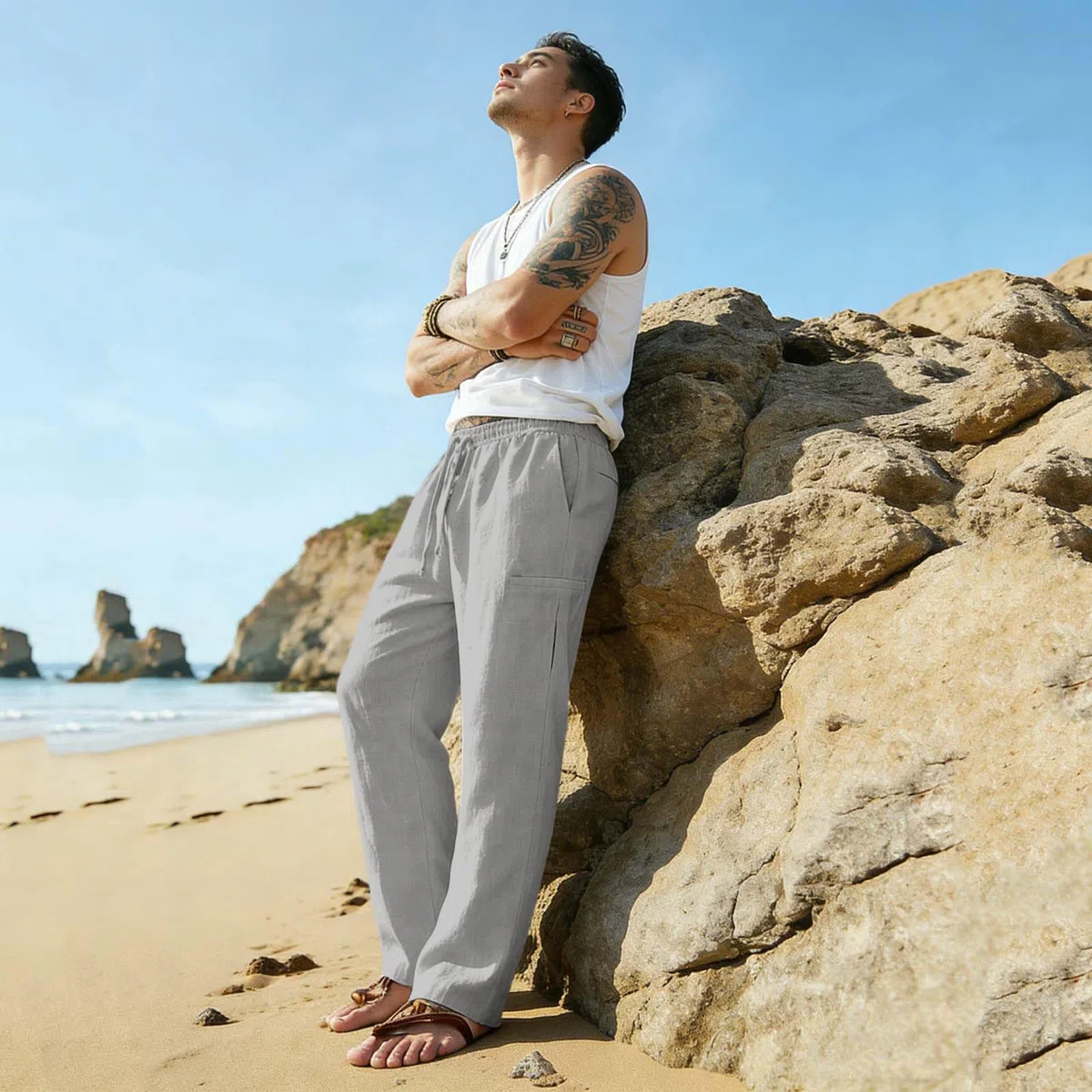 Pantalon Lin Homme été Pantalons De Sport Homme avec Taille élastique à Cordon De Serrage Réglable Modèle Droit Confortable Et Respirant pour La Plage Les Vacances Les Loisirs Et Le Quotidien été