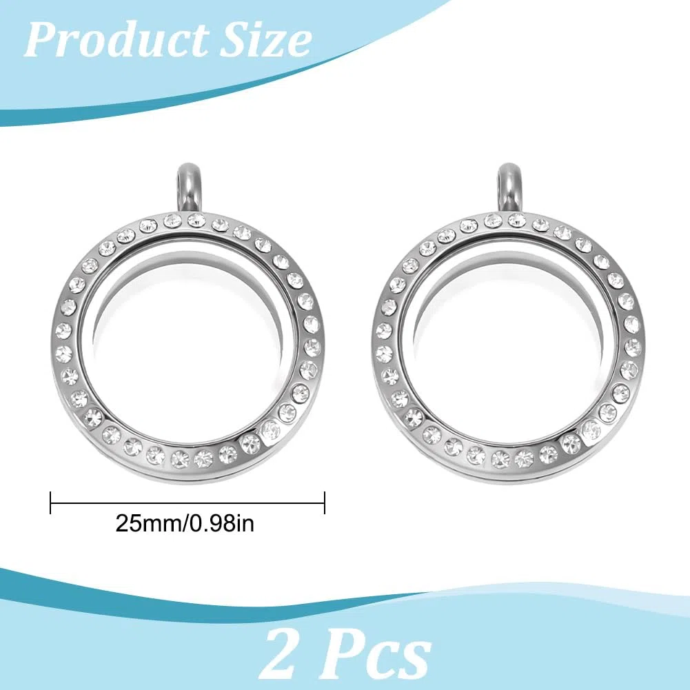 PLIGREAT 2 médaillon Flottant à Mémoire Vivante Pendentif Médaillon Rond en Acier Inoxydable de 25mm avec Strass et Cadre Photo Breloques pour Bricolage et Cadeaux