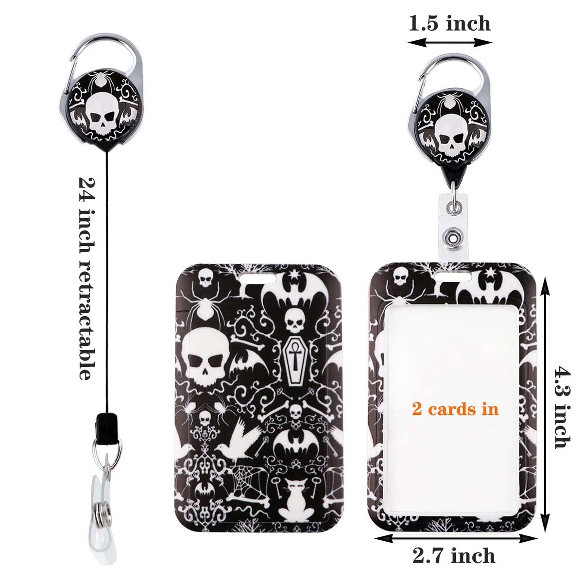 Lanière en forme de tête de mort pour badge d'identification avec enrouleur rétractable et mousqueton - Lanière tour de cou pour clés - Étui en plastique - Porte-badge coulissant